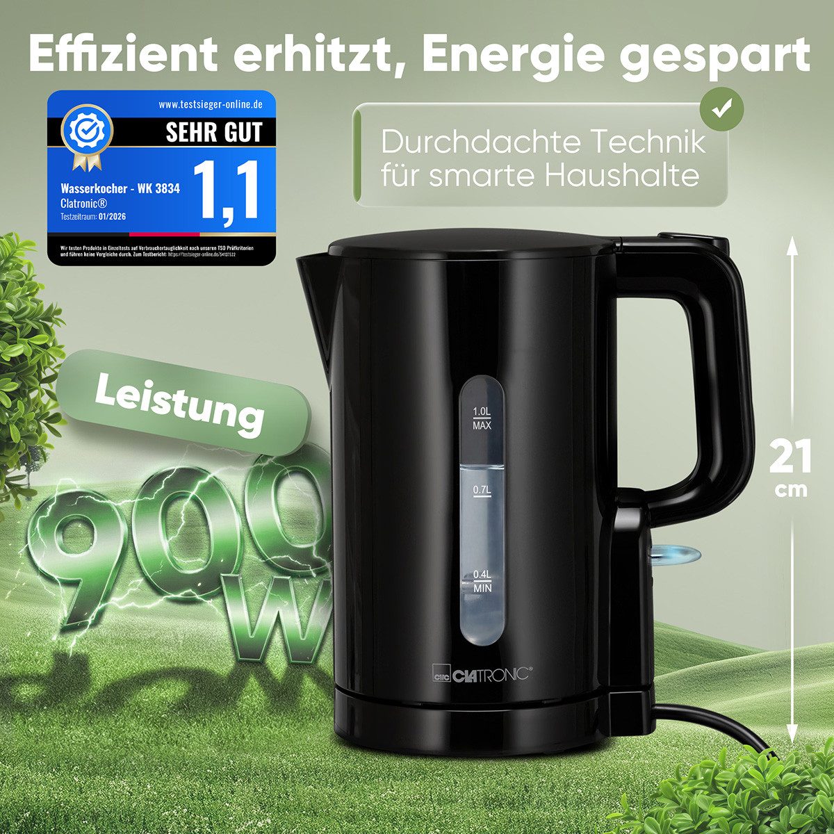 CLATRONIC Wasserkocher WK 3834, Wasserkocher 1L, 900W, Einhandbedienung