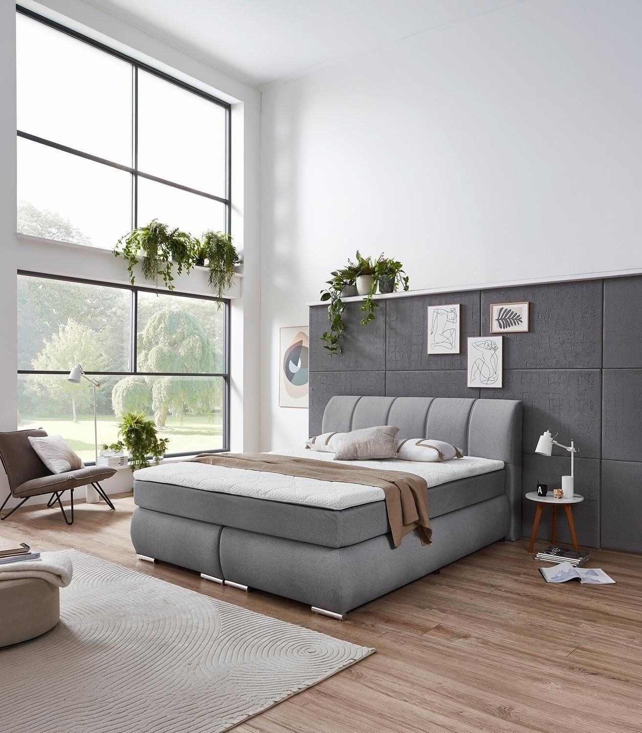 Sun Garden Boxspringbett GRAZ, Hellgrau, Webstoff (1-St), mit Topper, Bonellfederkern, Taschenfederkernmatratze, 180 x 200 cm