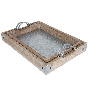 BURI Servierteller Tablett-Set mit Zink-Platte Holztablett Serviertablett Frühstückstable, Holz
