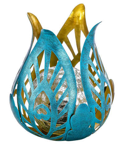 Dehner LED Solarleuchte Lotus Glace, 21.6 x 19 x 19 cm, blau/gold, Warmweiß, warmweißes Licht, Schutzart IP44