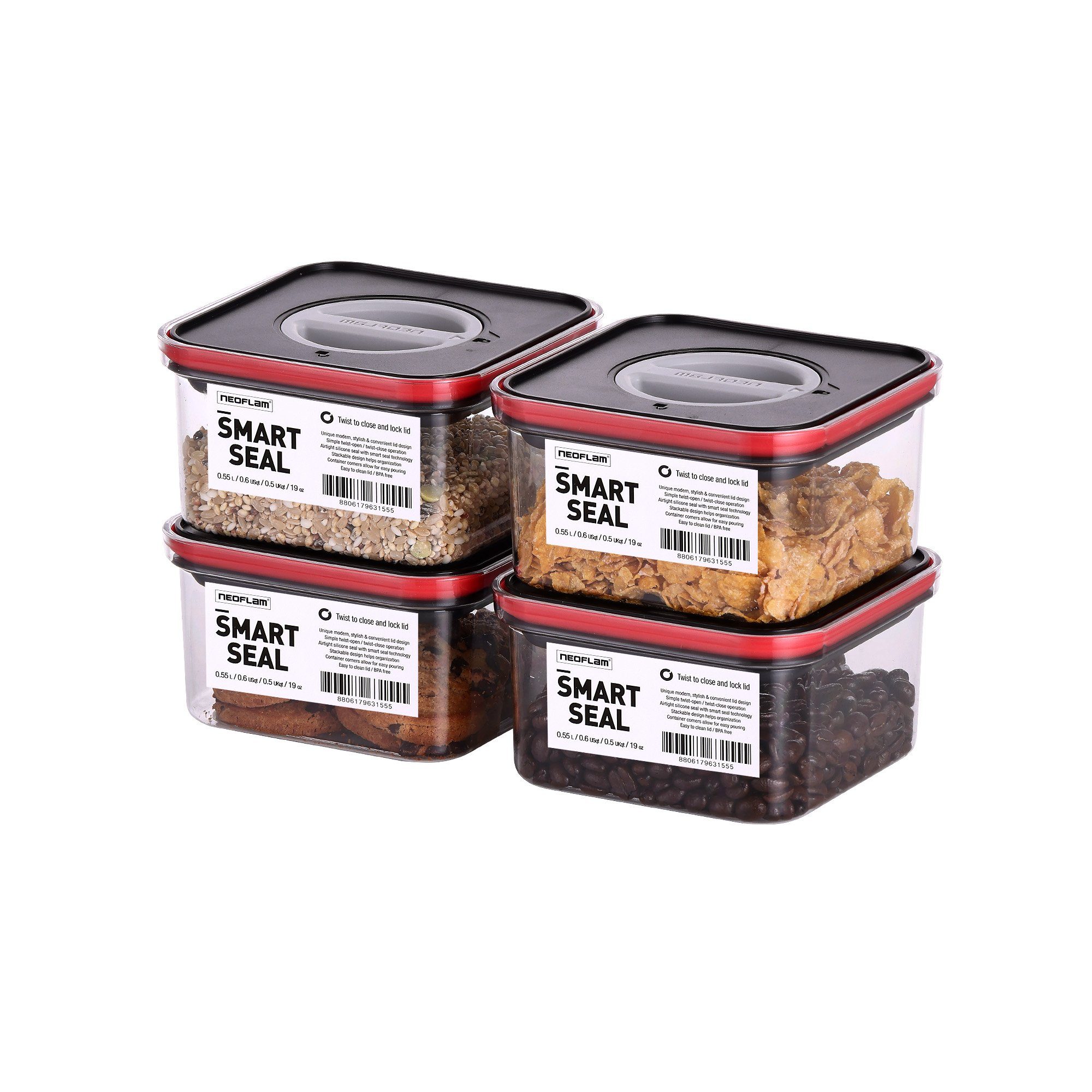 NEOFLAM® Vorratsdose Smart Seal Vorratsbehälter Set 4tlg. - Gr. 4x S - Rot, Kunststoff (AS & PP), Silikon, (4-tlg)