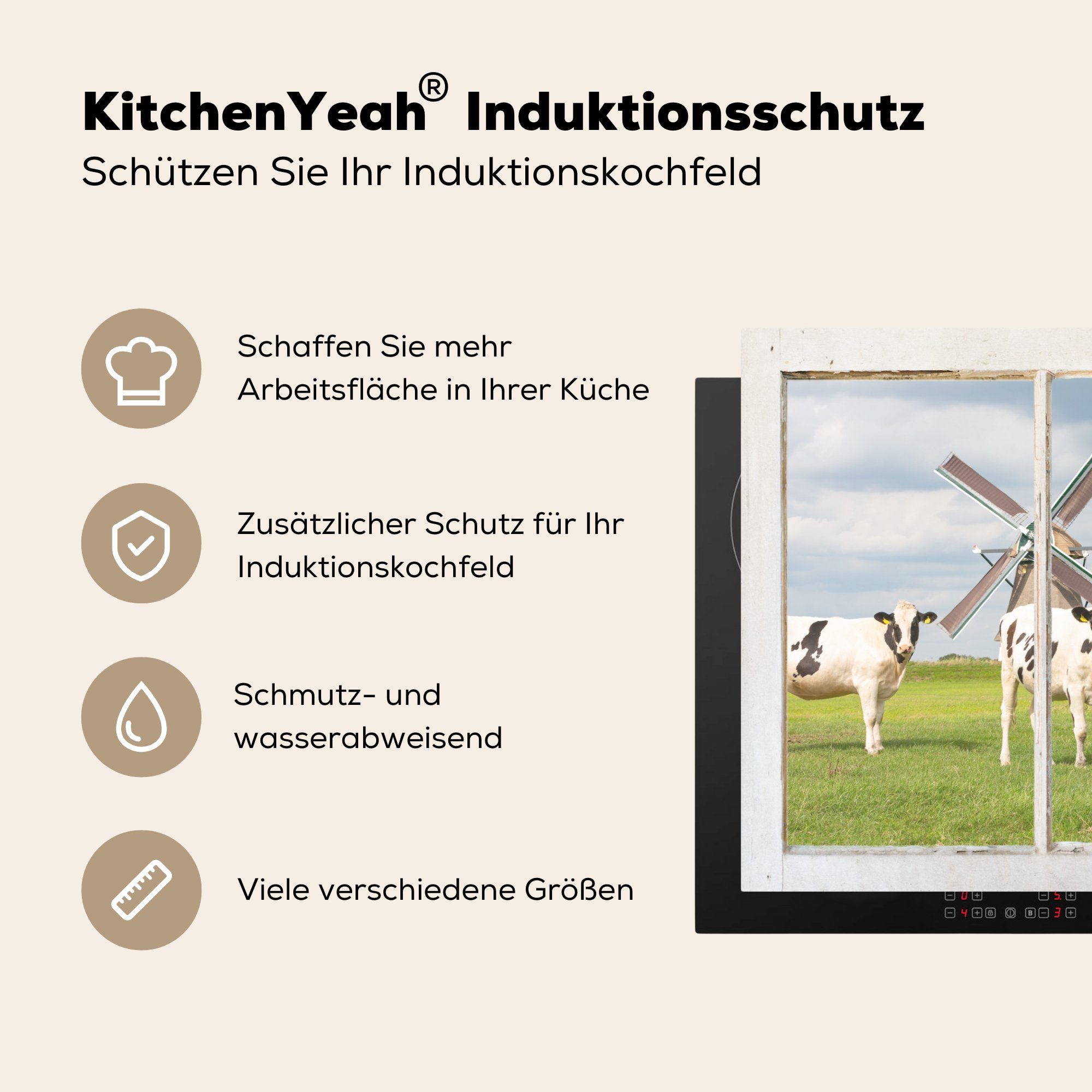 Induktionskochfeld Herdblende-/Abdeckplatte MuchoWow küche, die 81x52 cm, - (1 Mühle, Kuh Ansicht tlg), für Ceranfeldabdeckung - Vinyl, Schutz