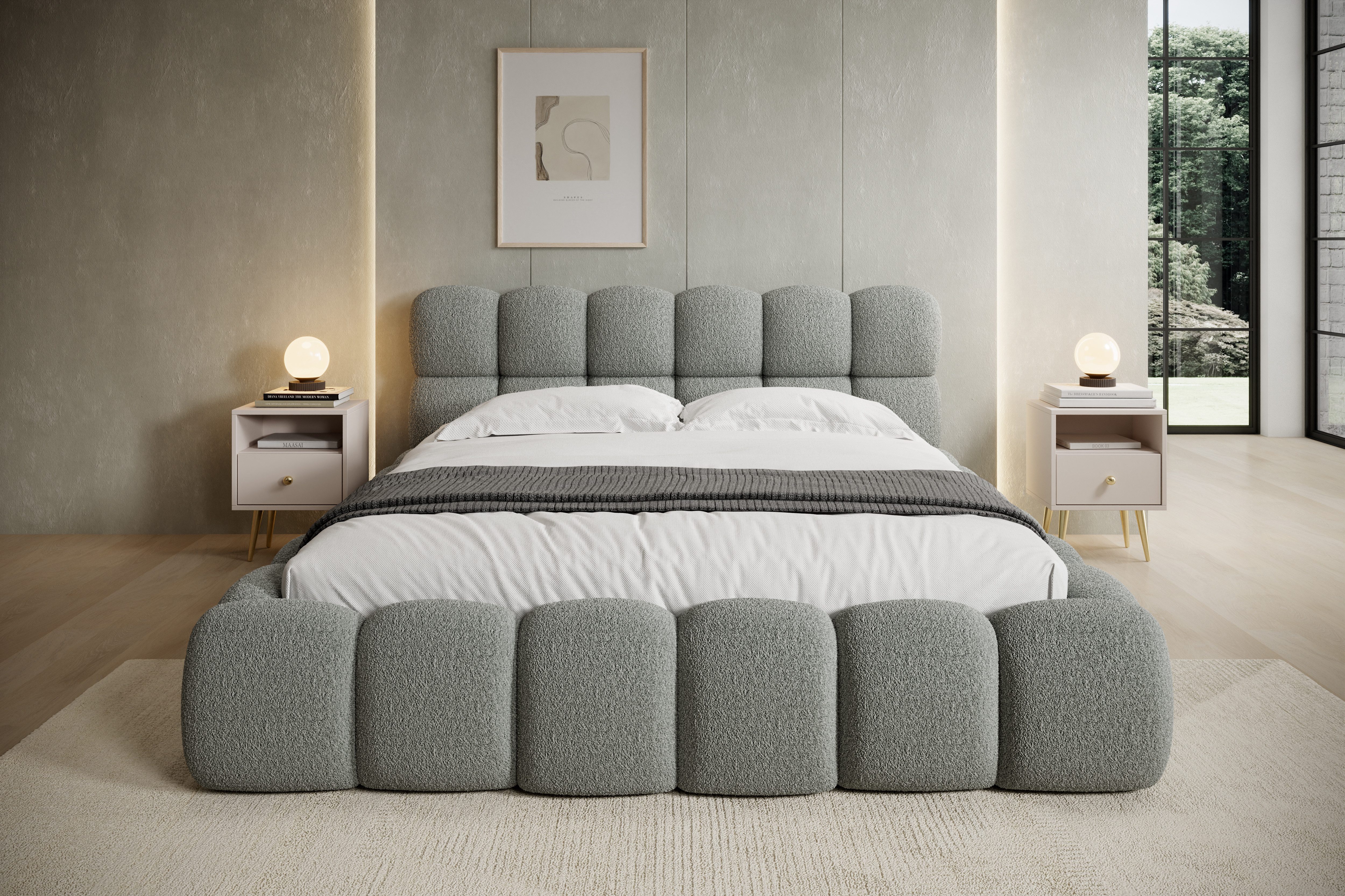 thematys Polsterbett mit Bettkasten 140x200–200x200 cm – Velours oder Bouclé Bezug – (Polsterbett in den Varianten Bouclé (Fredo), Velours (Velutto) - Wolkenbett mit XXL Kopfteil), Wolkenbett mit XXL Kopfteil)