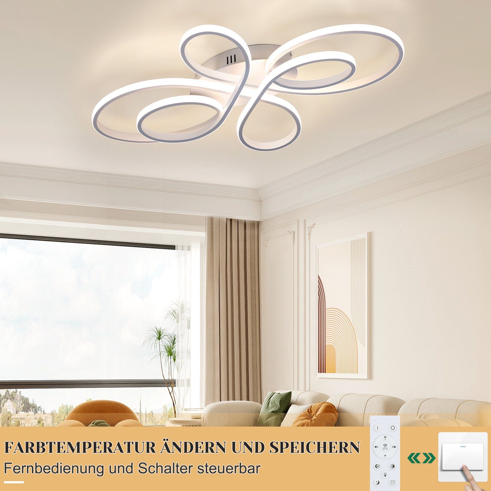 ZMH LED Deckenleuchte Wohnzimmerlampe Dimmbar fest für 100cm Fernbedienung Groß mit Wohnzimmer 90W Design LED Weiß Modern, Büro, 3000-6000k, Esszimmer integriert