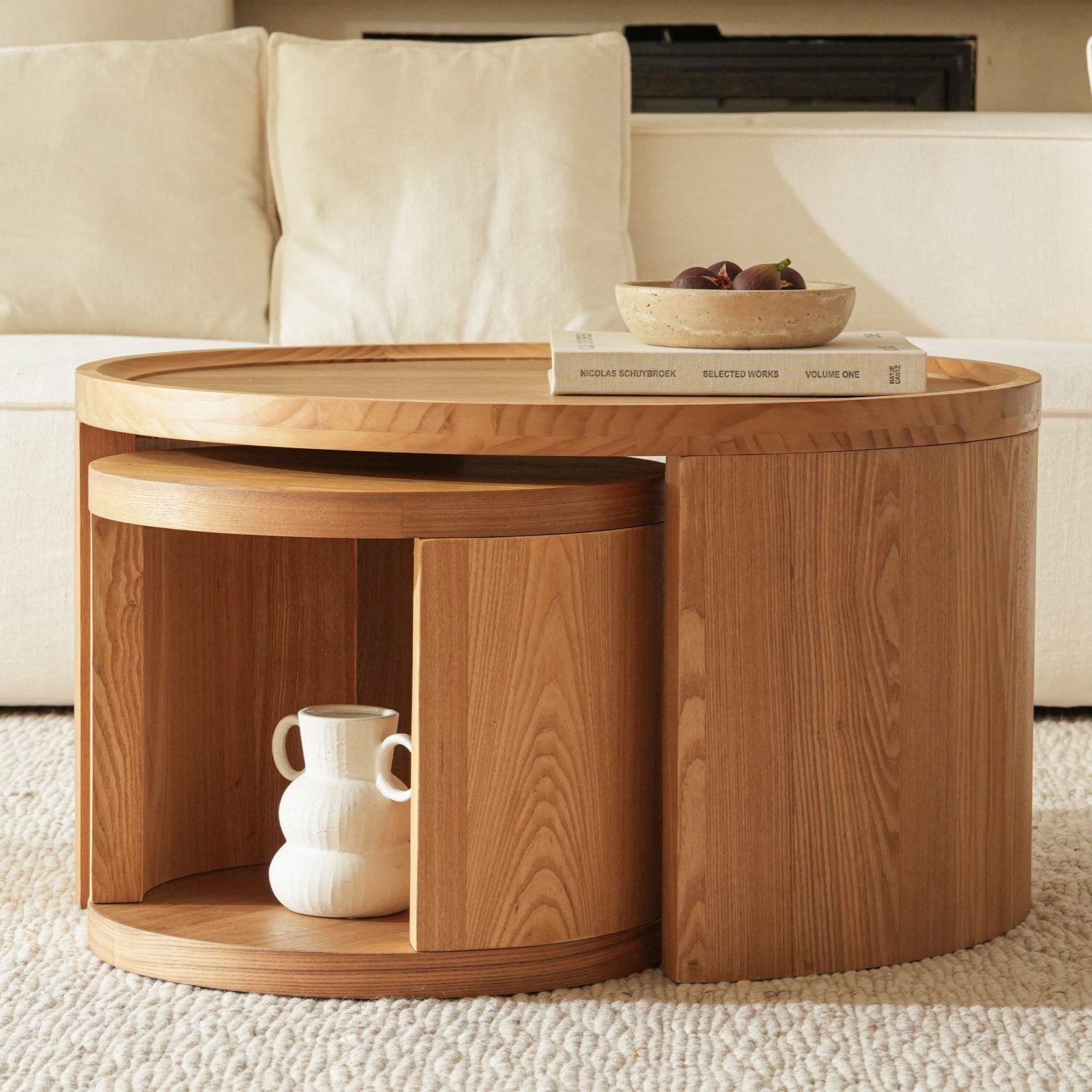 Cagnolier Couchtisch Rund 2er Set aus Holz, Moderner Wohnzimmertisch Ø80+Ø46 cm (2-St), Runder Sofatisch mit Stauraum, Kaffeetisch & Beistelltisch in Natur