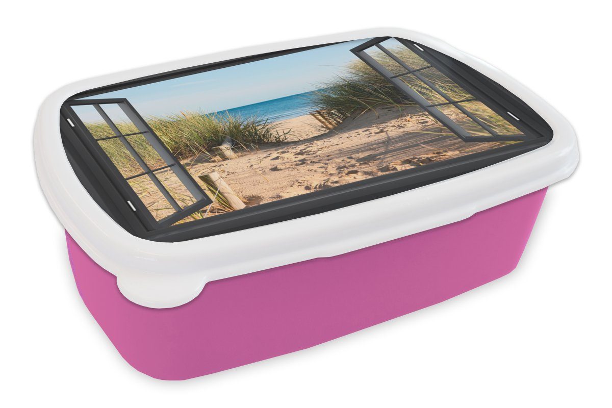 MuchoWow Lunchbox Durchblick - Strand - Meer - Sand - Wasser - Strandhafer - Dünen, Kunststoff, (2-tlg), Brotbox für Erwachsene, Brotdose Kinder, Snackbox, Mädchen, Kunststoff rosa