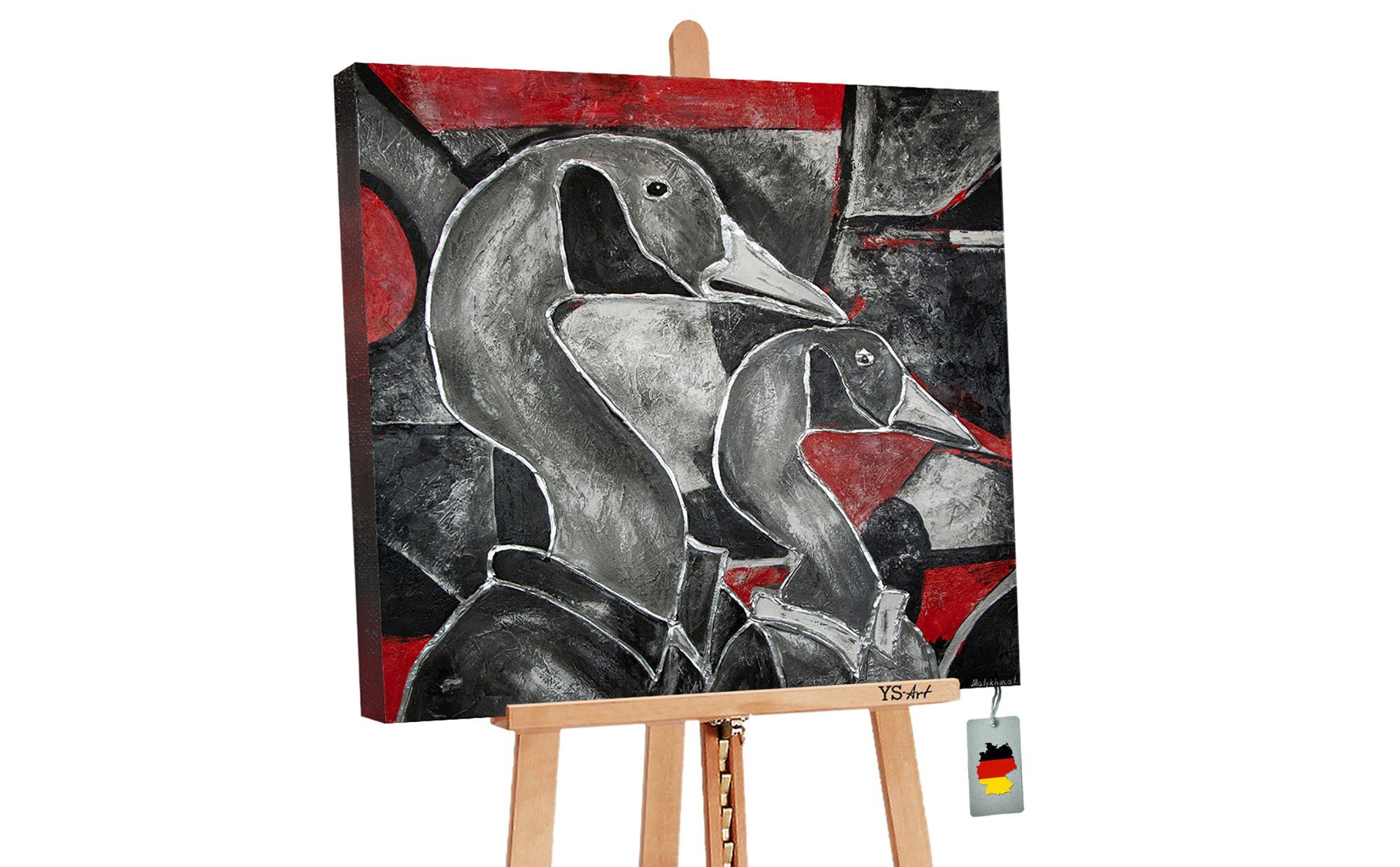 YS-Art Gemälde Glasmalerei II, Tiere, Gans Leinwand Bild Handgemalt Rot Schwarz Tiere