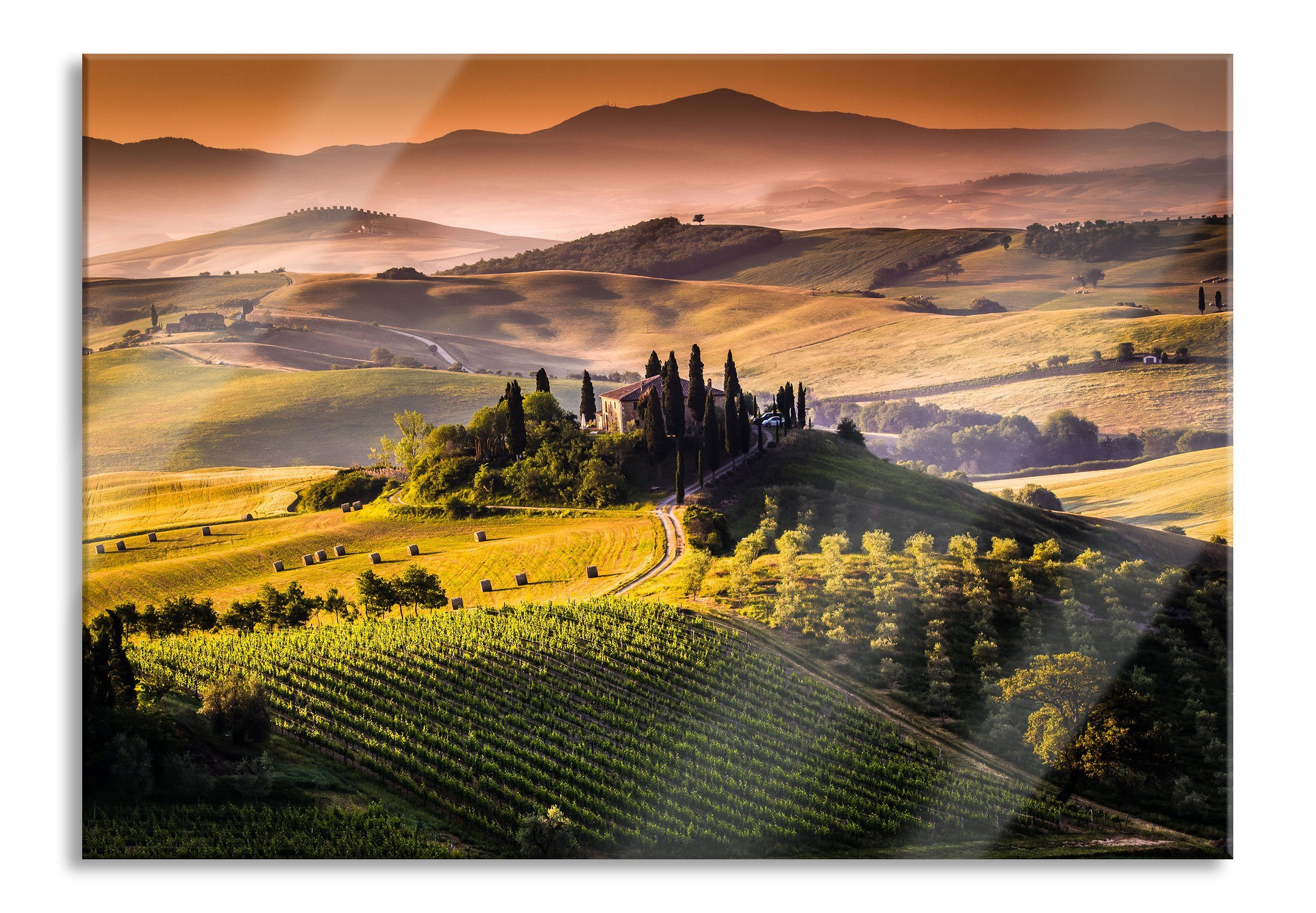 Pixxprint Glasbild Wunderschöne Toskana Landschaft, Wunderschöne Toskana Landschaft (1 St), Glasbild aus Echtglas, inkl. Aufhängungen und Abstandshalter