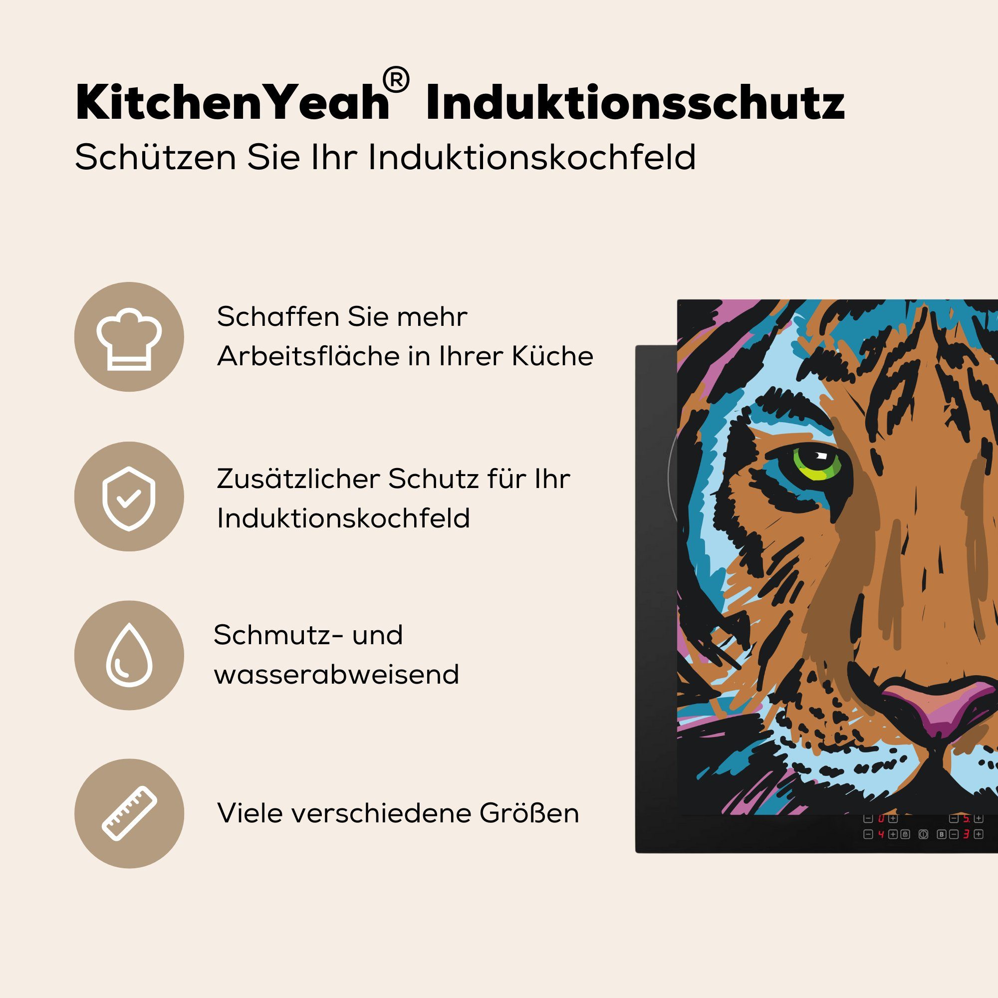 MuchoWow Herdblende-/Abdeckplatte Tiger - Farbe 78x78 cm, Vinyl, (1 für Arbeitsplatte tlg), küche Ceranfeldabdeckung, - Kopf