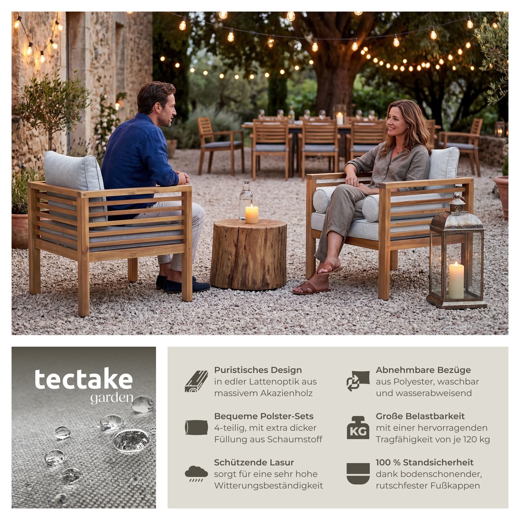 tectake Gartenstuhl Balkonstuhl, mit lasiertem Holzgestell, 72 x 63 x 64,5 cm (Terrassenstuhl Boka für Außen in Braun, 2 St), wetterfest, Dicke des Sitzpolsters 12 cm, Belastbarkeit 120 kg