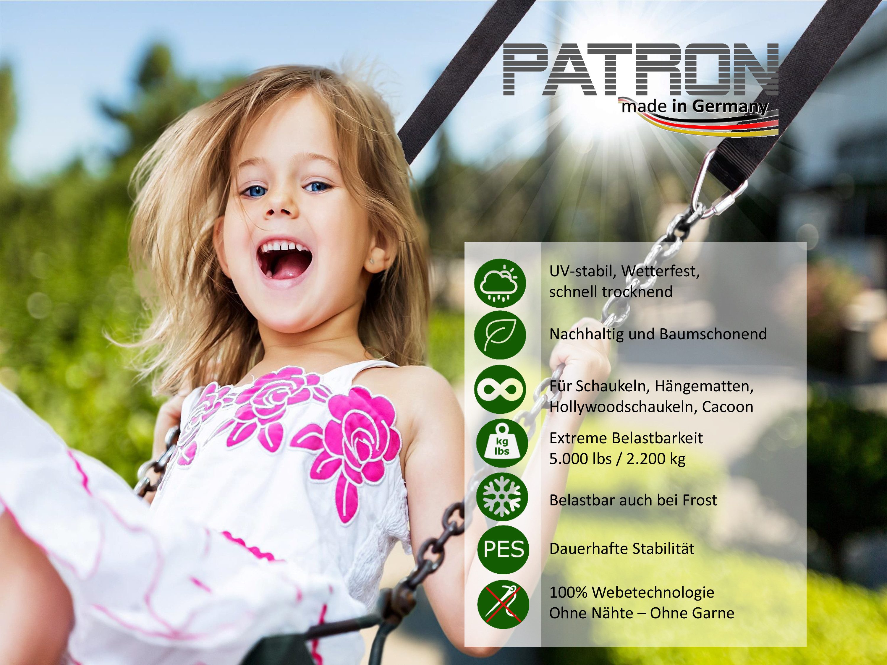 PATRON Schaukelhaken PATRON® Baumschlinge 1m Made in Germany 2 Karabiner Gratis Hightech