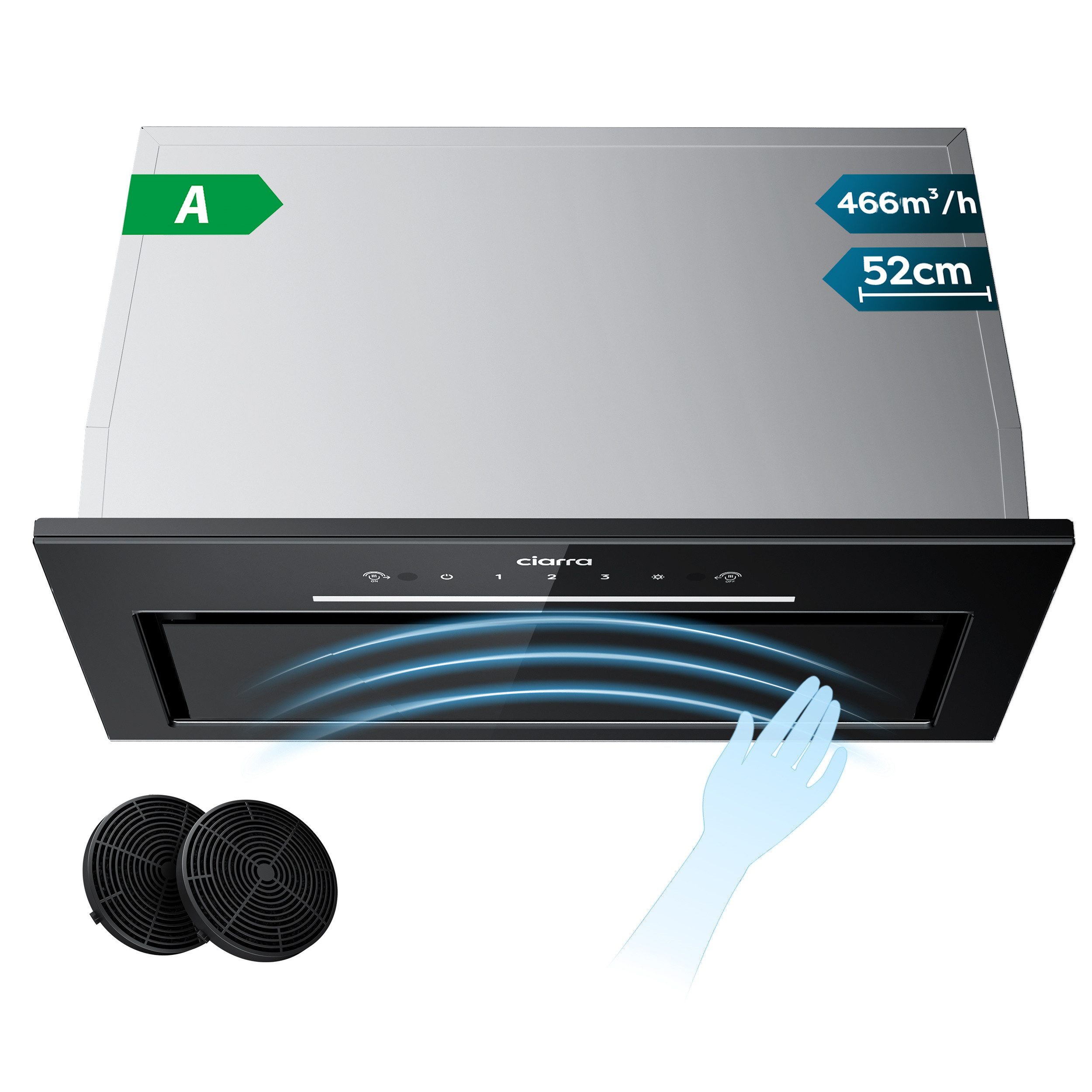CIARRA Unterbauhaube 52 cm Einbauhaube 466 m³/h Touch & Wave Control VM5931A 52 cm Einbauhaube 466 m³/h Touch & Wave Control VM5931A, Einbau-Dunstabzugshaube Touch & Handgesten-Steuerung, Umluft & Abluft