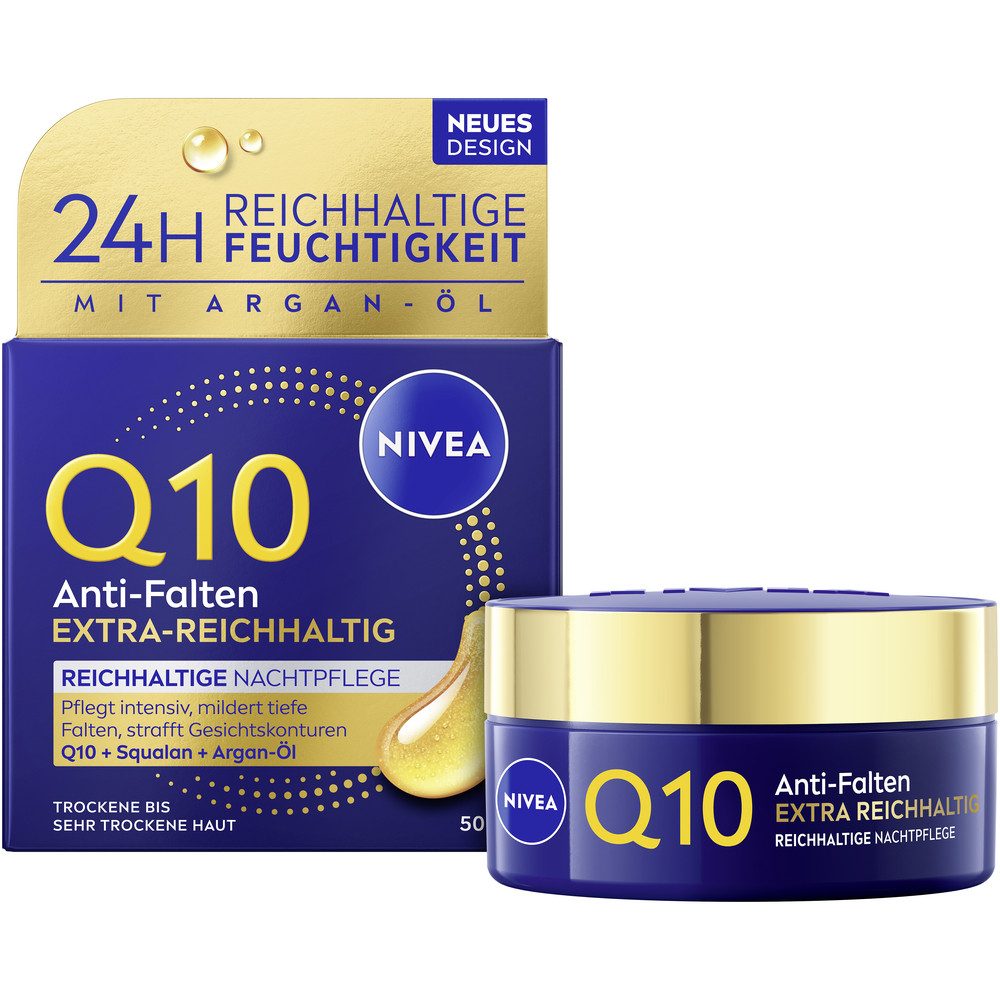 Nivea Nachtcreme Q10 ANTI-FALTEN EXTRA-REICHHALTIG NACHTPFLEGE, mit Glycostop, für trockene bis sehr trockene Haut