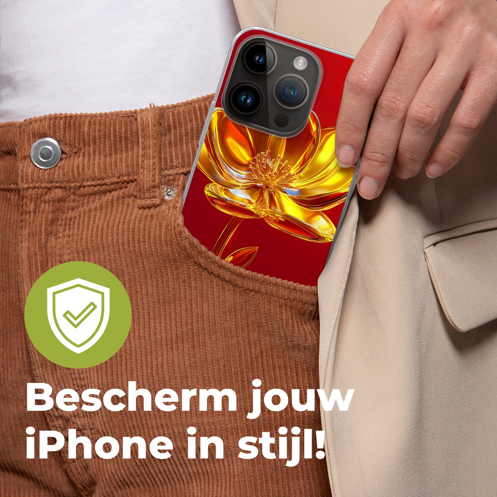 MuchoWow Handyhülle für Apple iPhone 14 Pro Blume - Gold - Gläser, Smartphone-Bumper, Print, Handy Schutzhülle Dünn