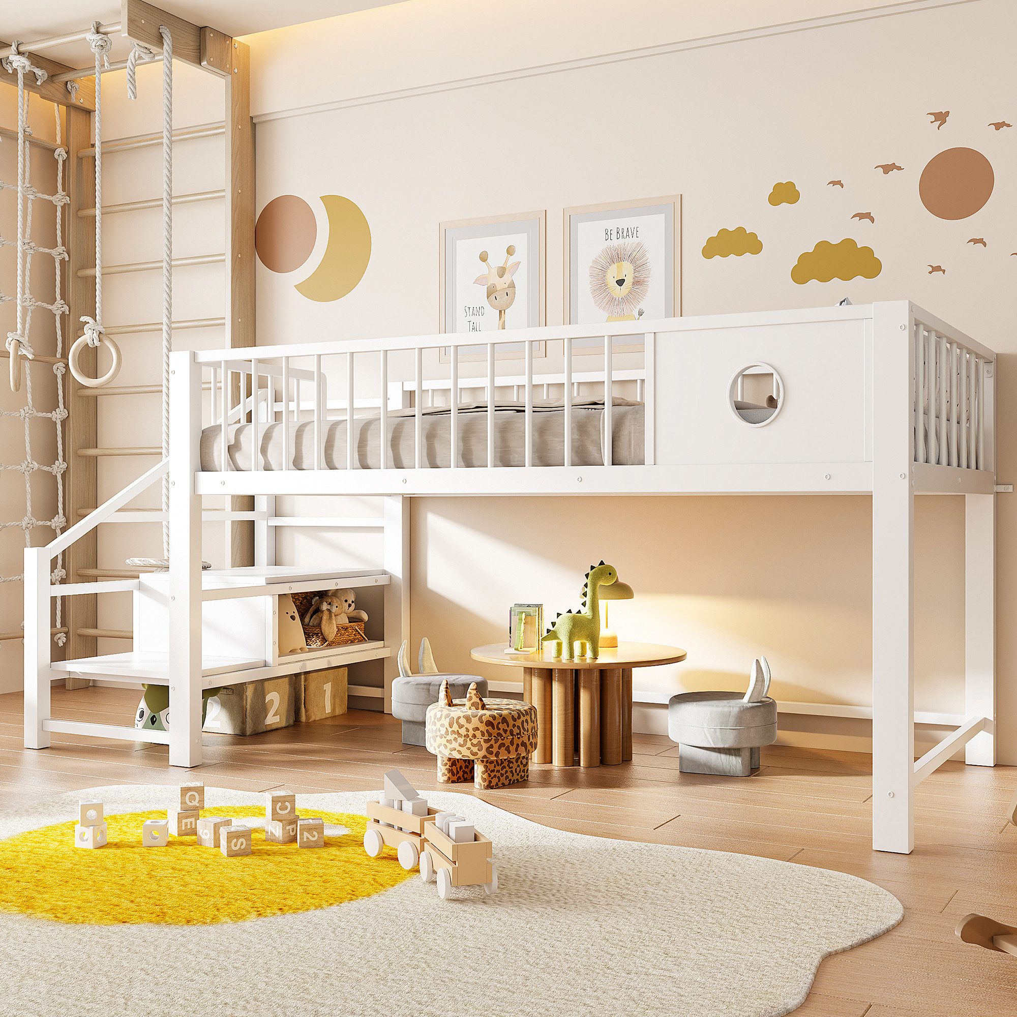 Flieks Kinderbett, Niedriges Hochbett Metallbett 90×200cm mit Aufbewahrungstreppe
