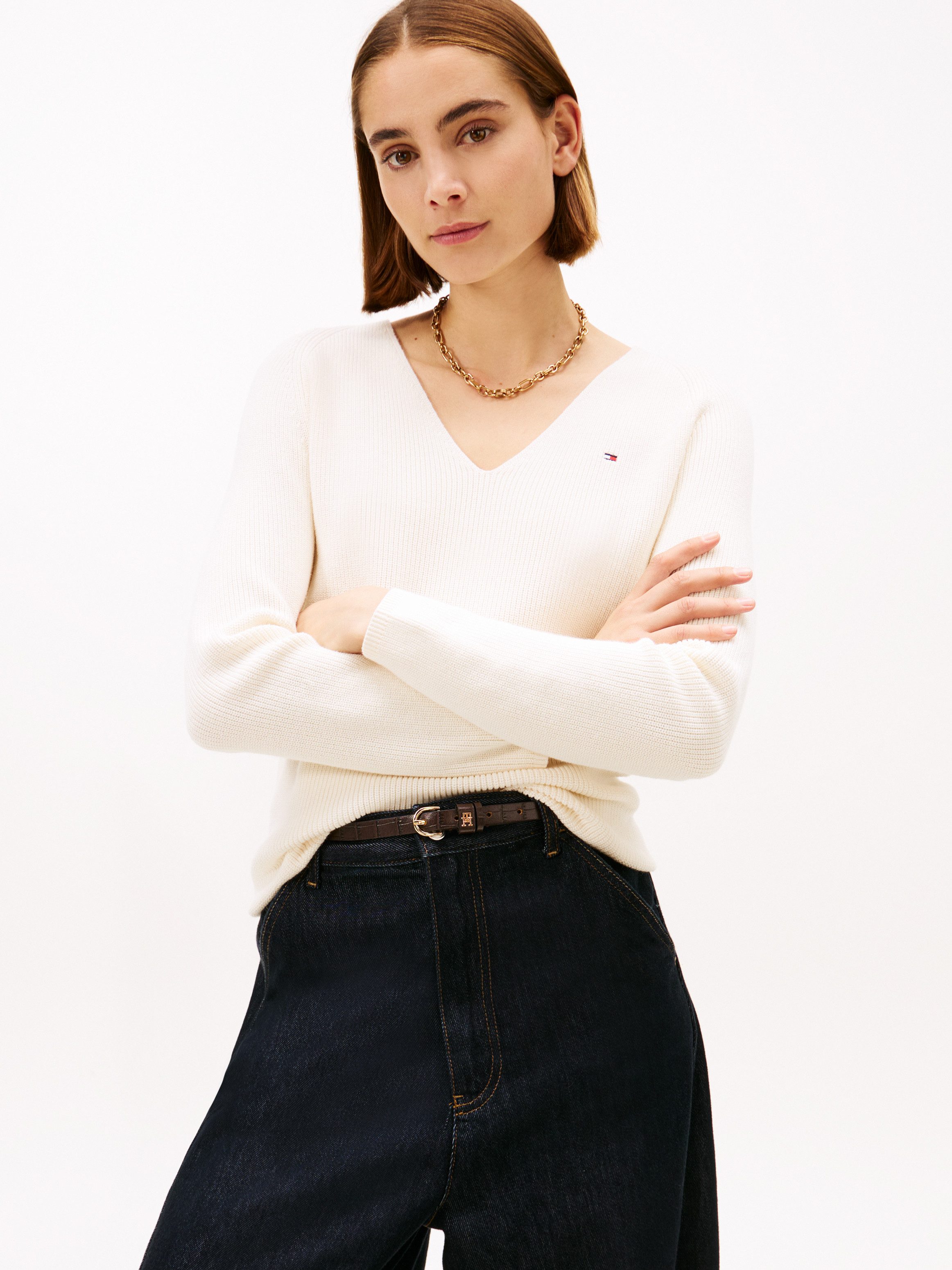 Tommy Hilfiger Strickpullover CO CARDI STITCH V-NK LS mit Logostickerei