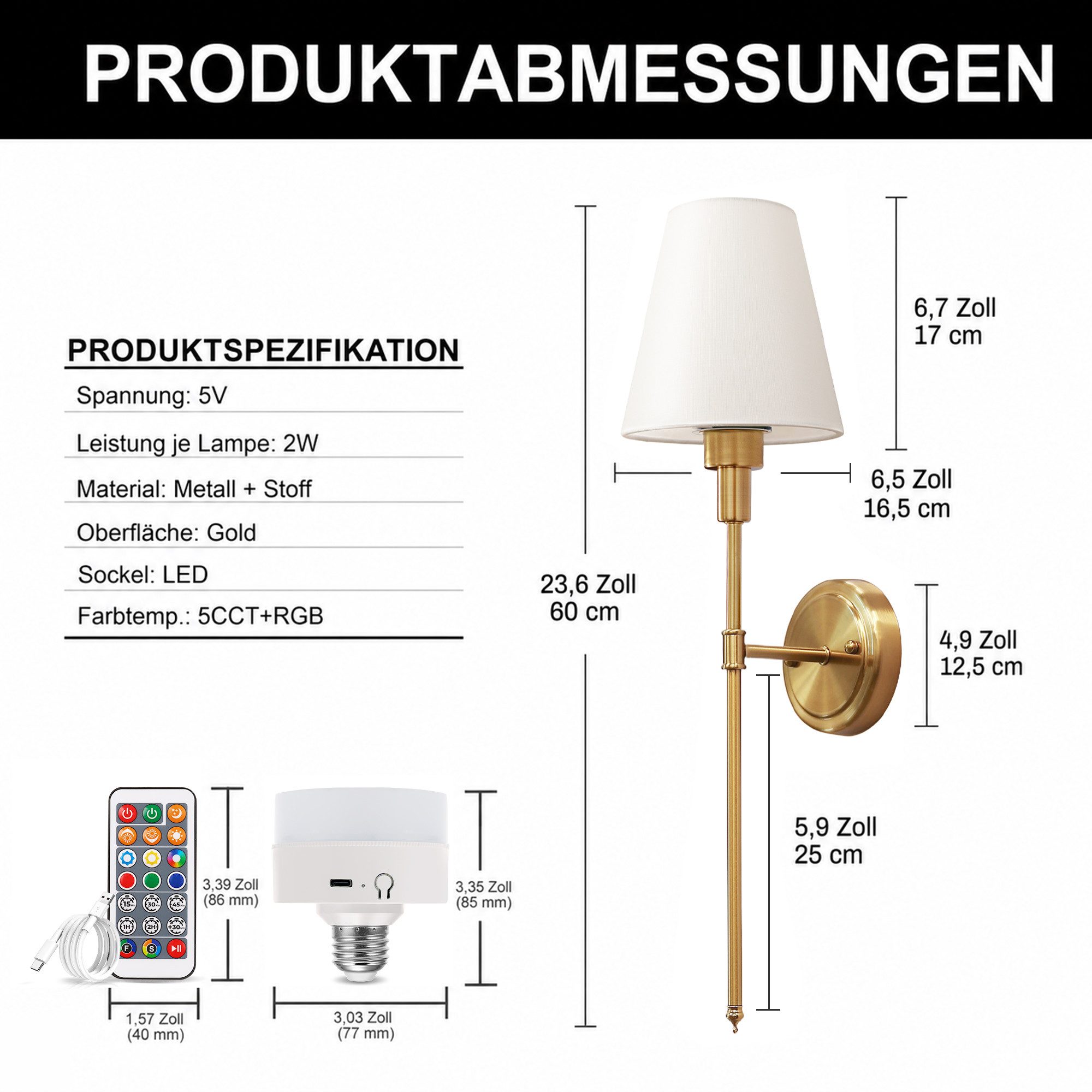 LOHAS-LED Wandleuchte 2 Stück Gold Stoff Innen‑LED‑Leuchte, Akku betrieben, LED wechselbar, RGB‑Farbmodus, Fernbedienung Dimmbar 3000‑5000K RGB E26 Sockel