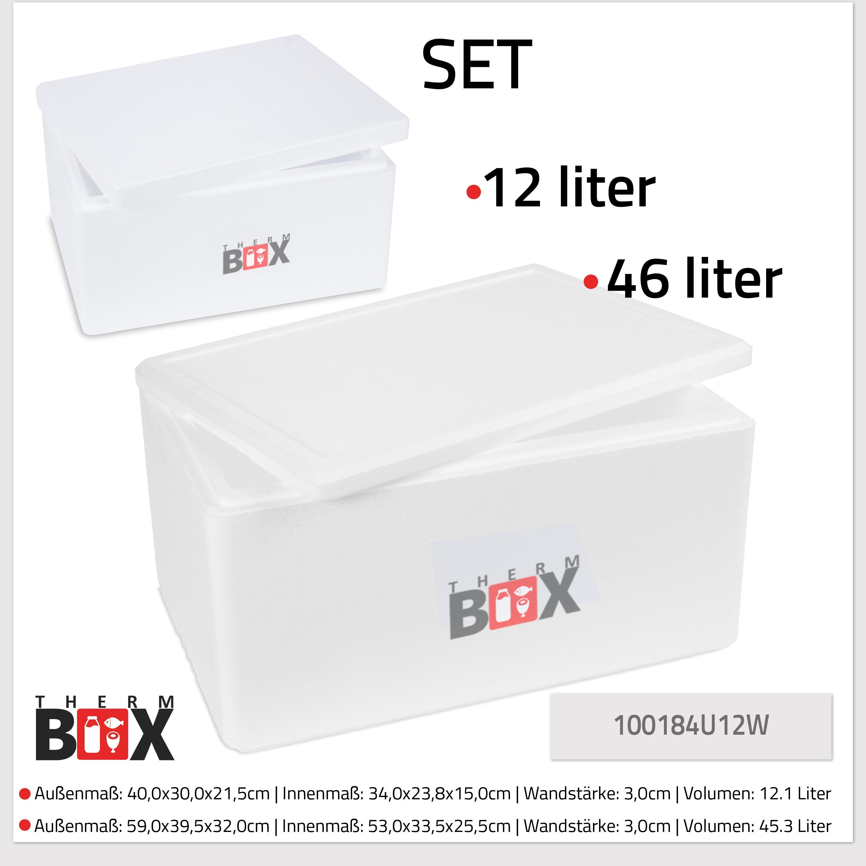 THERM-BOX Thermobehälter Styroporbox Set 46L Wiederverwendbar Isolierbox (1, Getränke Thermobox & Karton), Deckel Boxen Essen Thermobox im für Warmhaltebox, 12L & Kühlbox Styropor-Verdichtet, 2-tlg., 2 mit