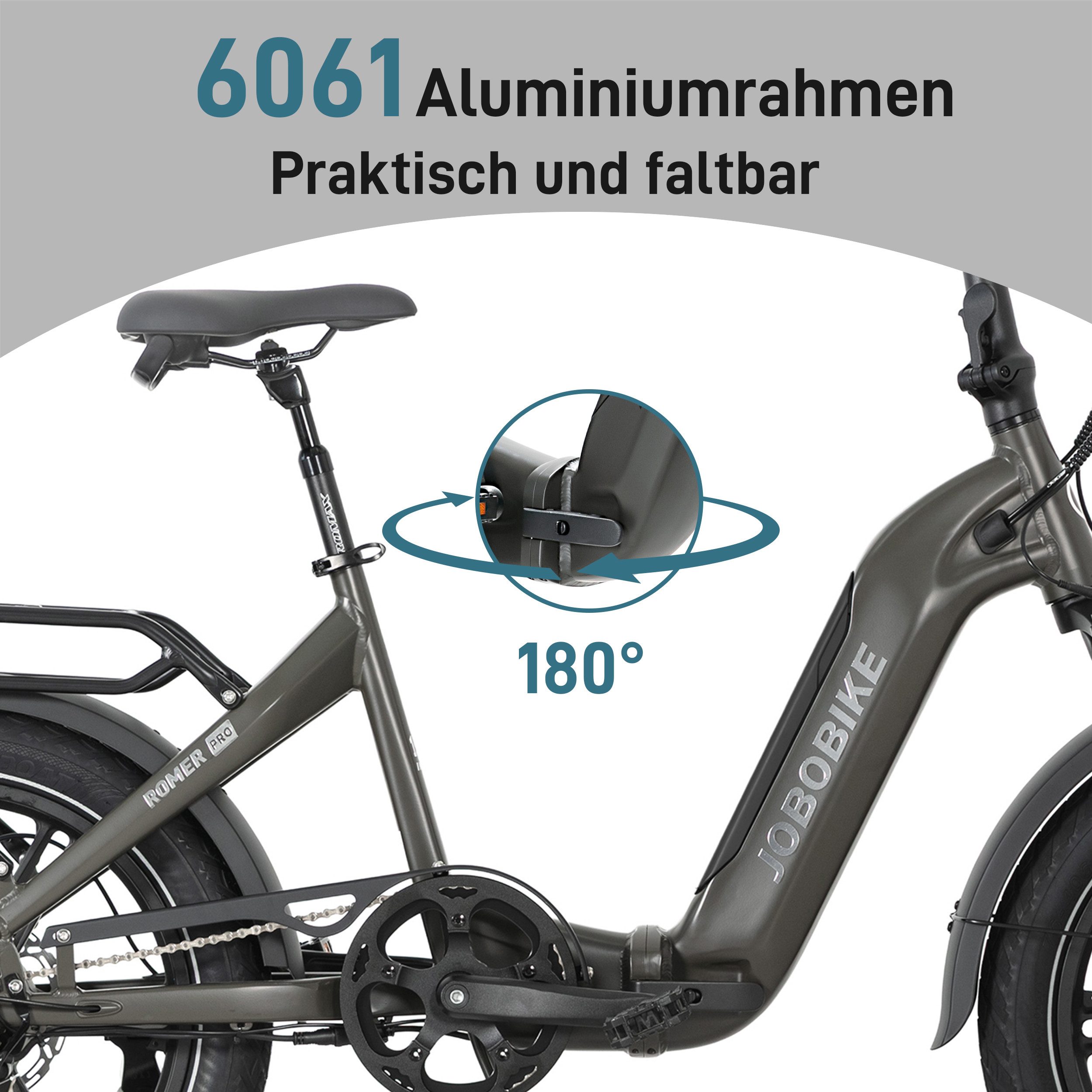 JOBOBIKE E-Bike Klapprad Damen&Herren 20x3" Pedelec Romer P 720Wh, 150km, hydr. Bremsen, 7 Gang Shimano, (mit abnehmbarem Akku, 5 Stufen, Aluminiumrahmen), faltbar, max. 80 N.m, Drehmomentsensor, gefederte Sattelstütze