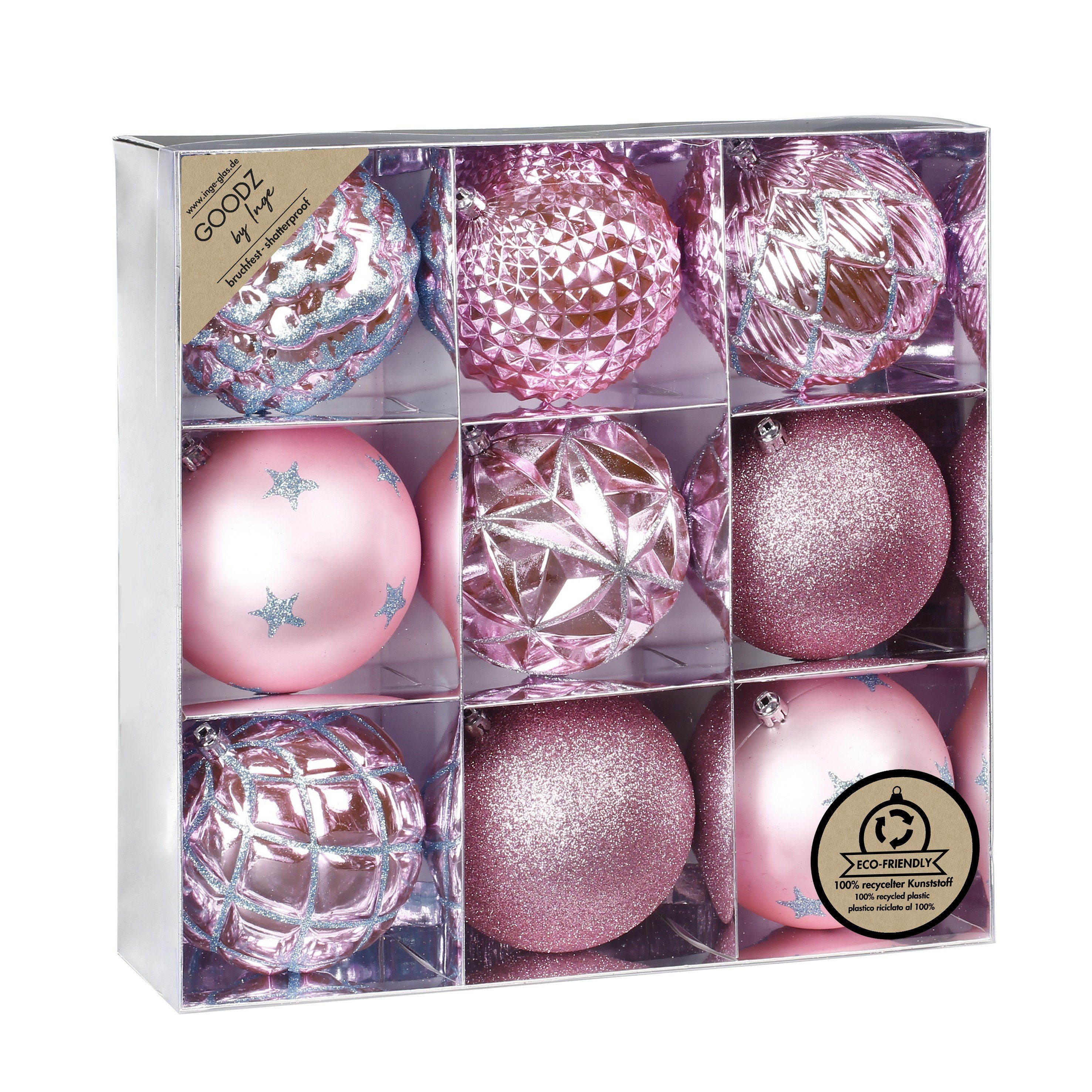 MAGIC by Inge Weihnachtsbaumkugel, Weihnachtskugeln Kunststoff 10cm Muster / Glitzer Mix 9er Set - Rosa