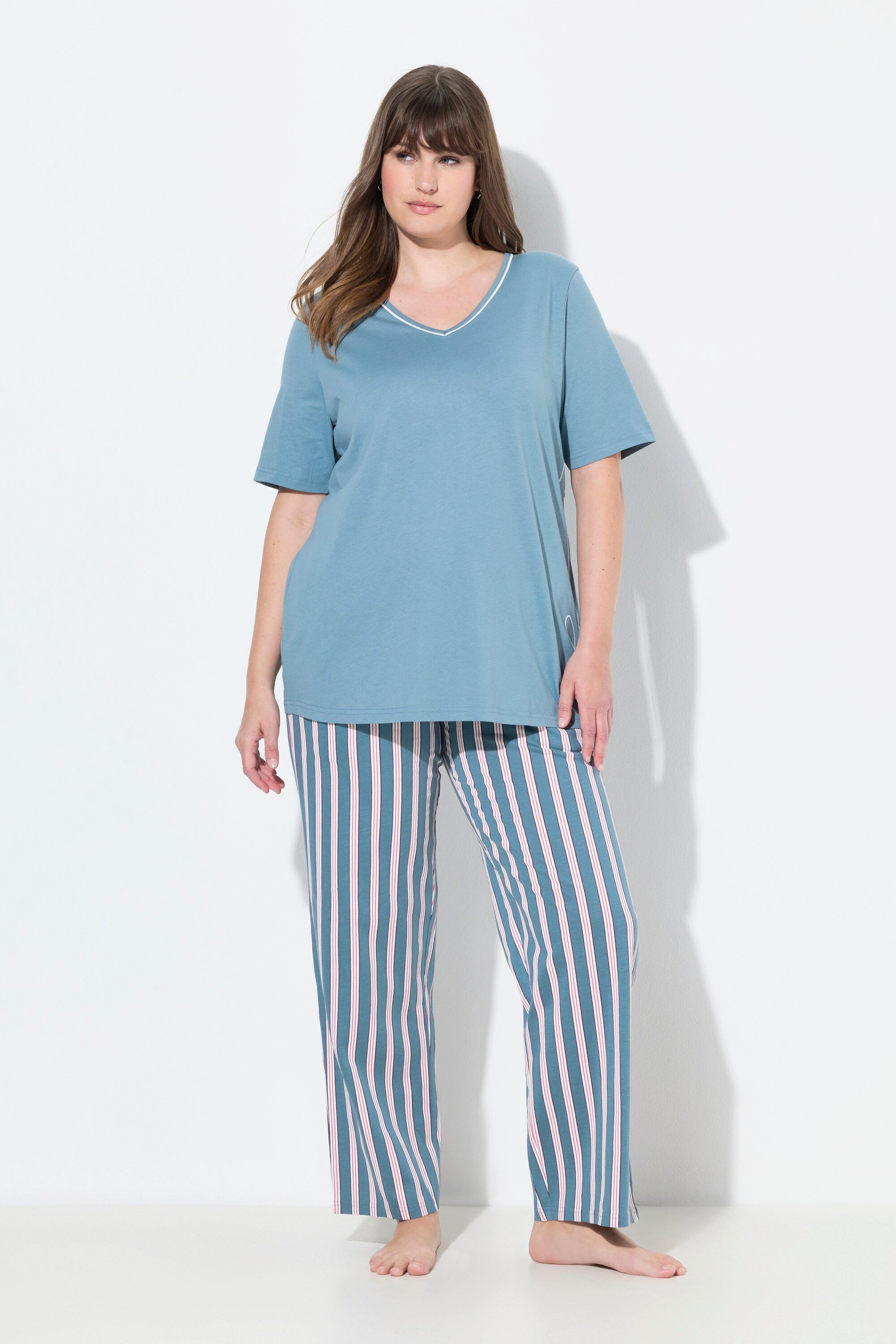 Ulla Popken Pyjama Pyjama Piping V-Ausschnitt Halbarm Stickerei günstig online kaufen