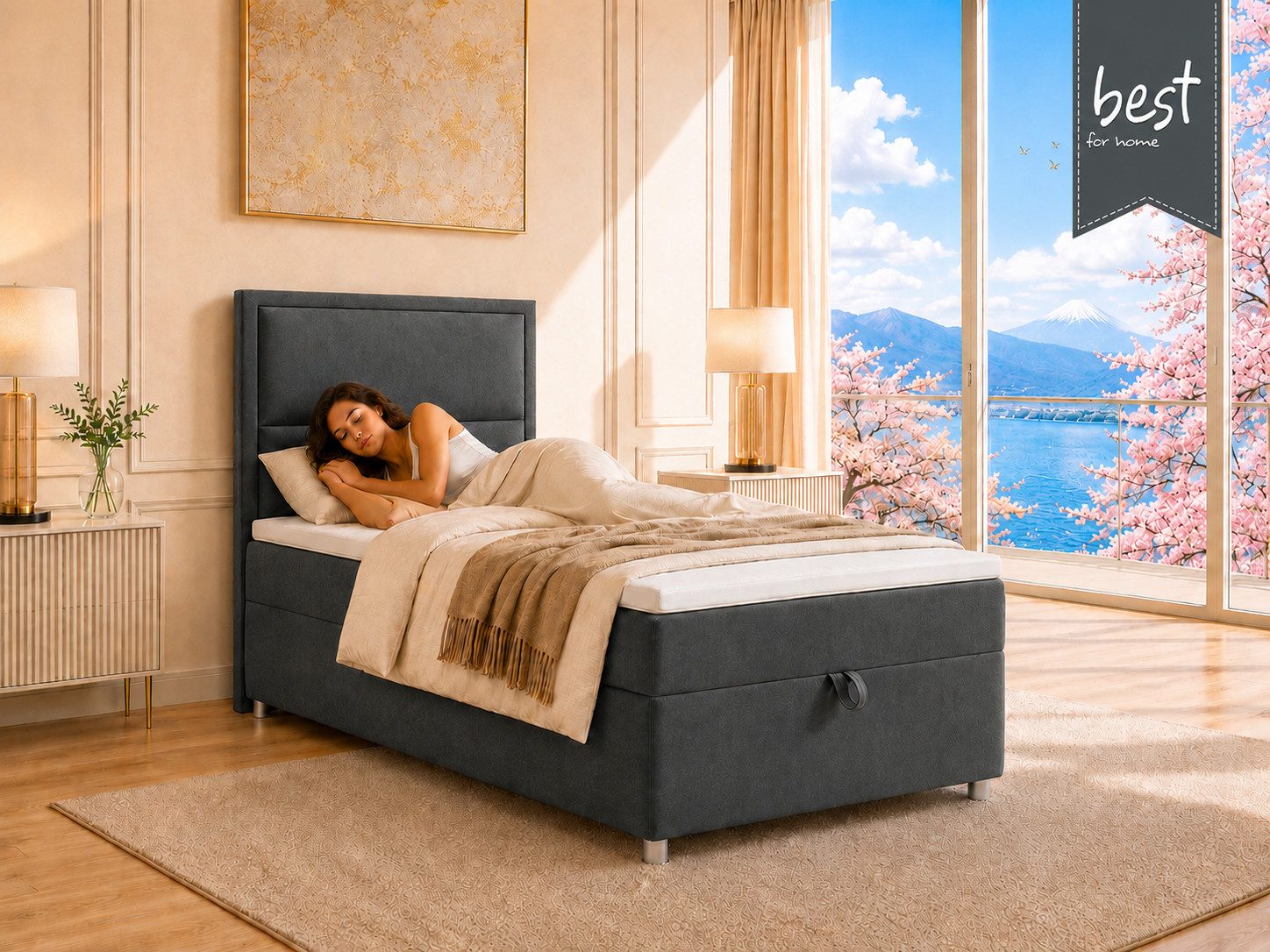 Best for Home Boxspringbett K-11 SINGLE mit Bettkasten, Bonellfederkern, Komfort Topper H3 (Hotelbett, Einzelbett, Kinderbett, Juniorbett, 5-St., 70x200 80x200 90x200 100x200 cm), Einzelbett mit integriertem Stauraum, gepolstertem Kopfteil
