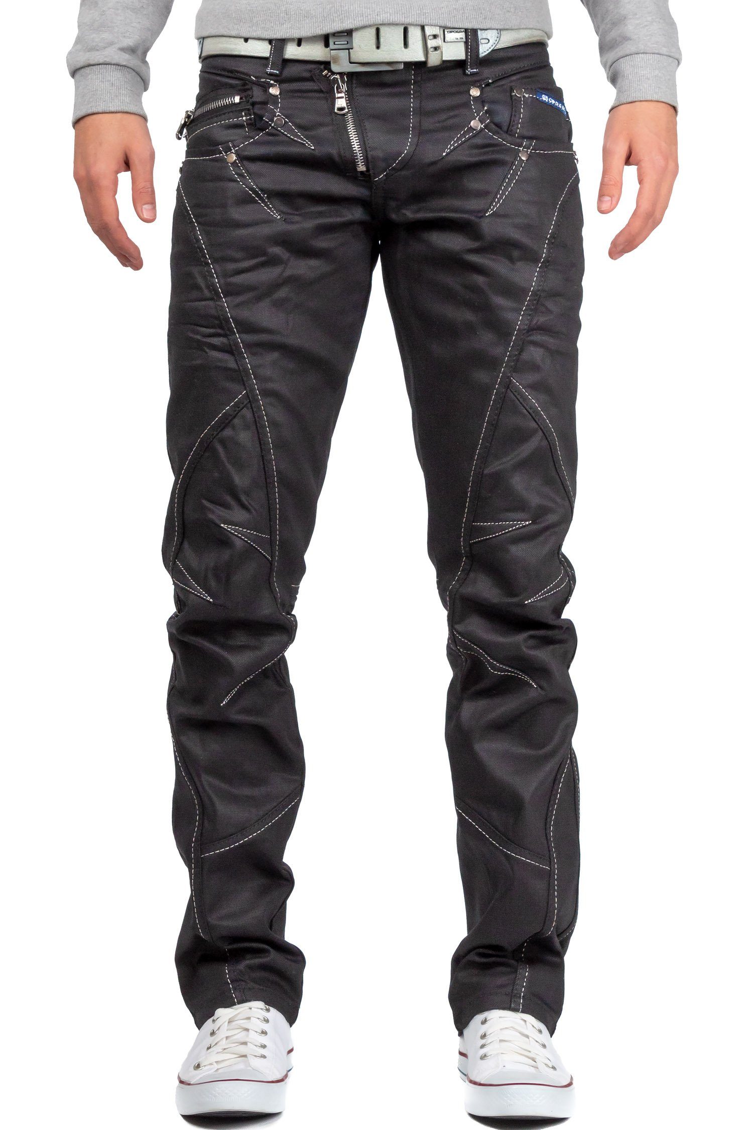 Cipo & Baxx 5-Pocket-Jeans Hose BA-C0812 W34/L34 (1-tlg) in Schwarz Glänzend mit weißen Nähten