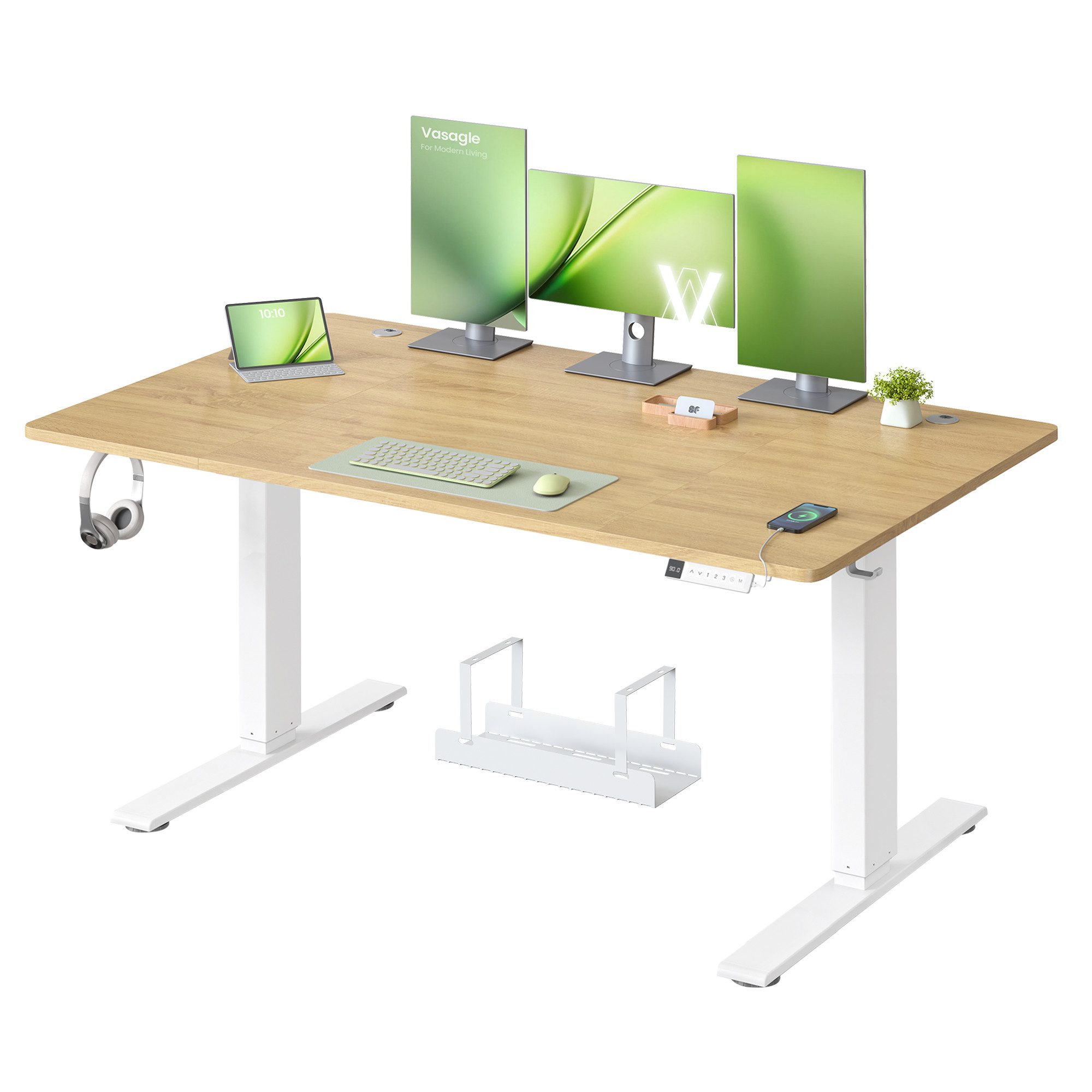 VASAGLE Schreibtisch Höhenverstellbarer, USB-C-Anschluss, Erinnerung bei langem Sitzen, Ablage für Steckdosenleiste, 3 Speichertasten, 140/160/180cm