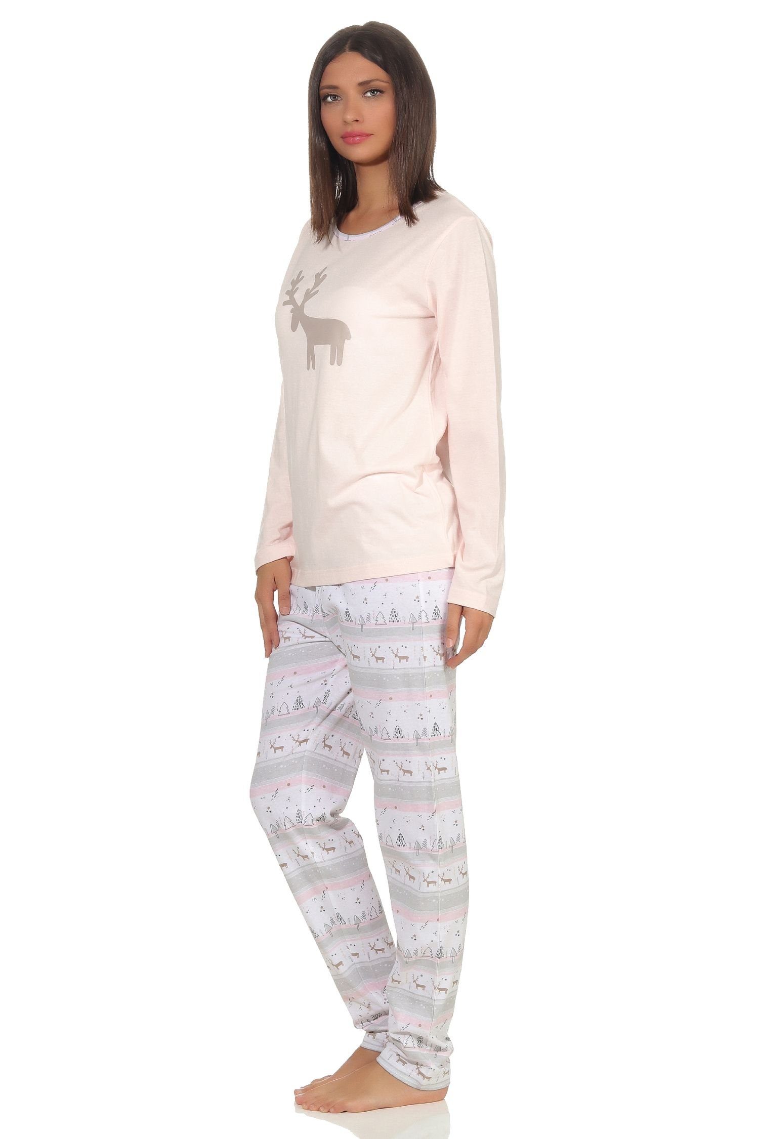 mit Pyjama Damen Weihnachtsmotiv Renntiermotiv Normann Schlafanzug langarm mit rosa