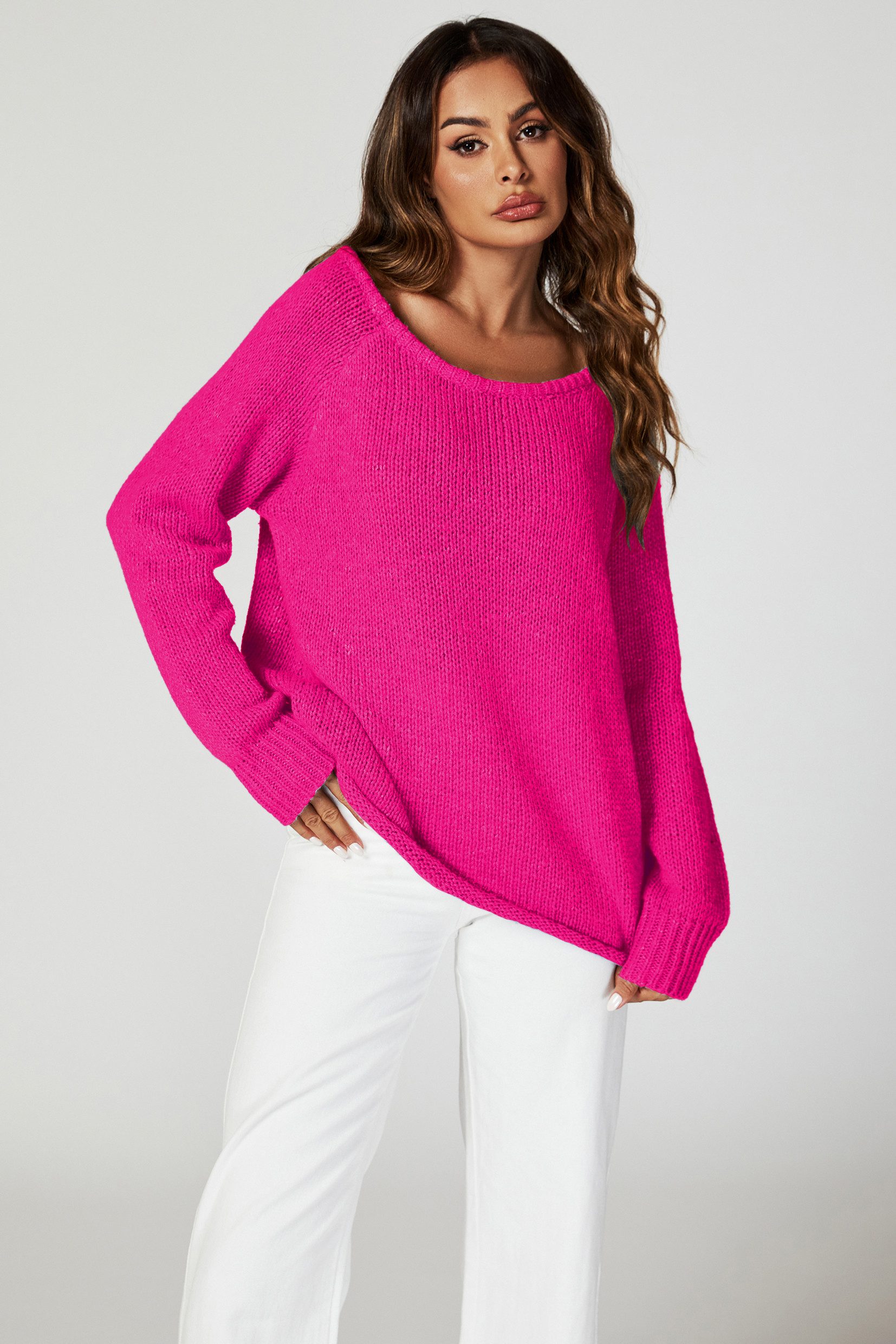 FS Collection Strickpullover Bequemes Pulloveroberteil Pullover-Top – Strickwaren (Einheitsgröße: UK 8–14 / EU 36–44, 6 Farben : Dunkelbeige, Beige, Hellblau, Magenta, Marineblau und Rosa) 60 % Acryl, 40 % Polyester