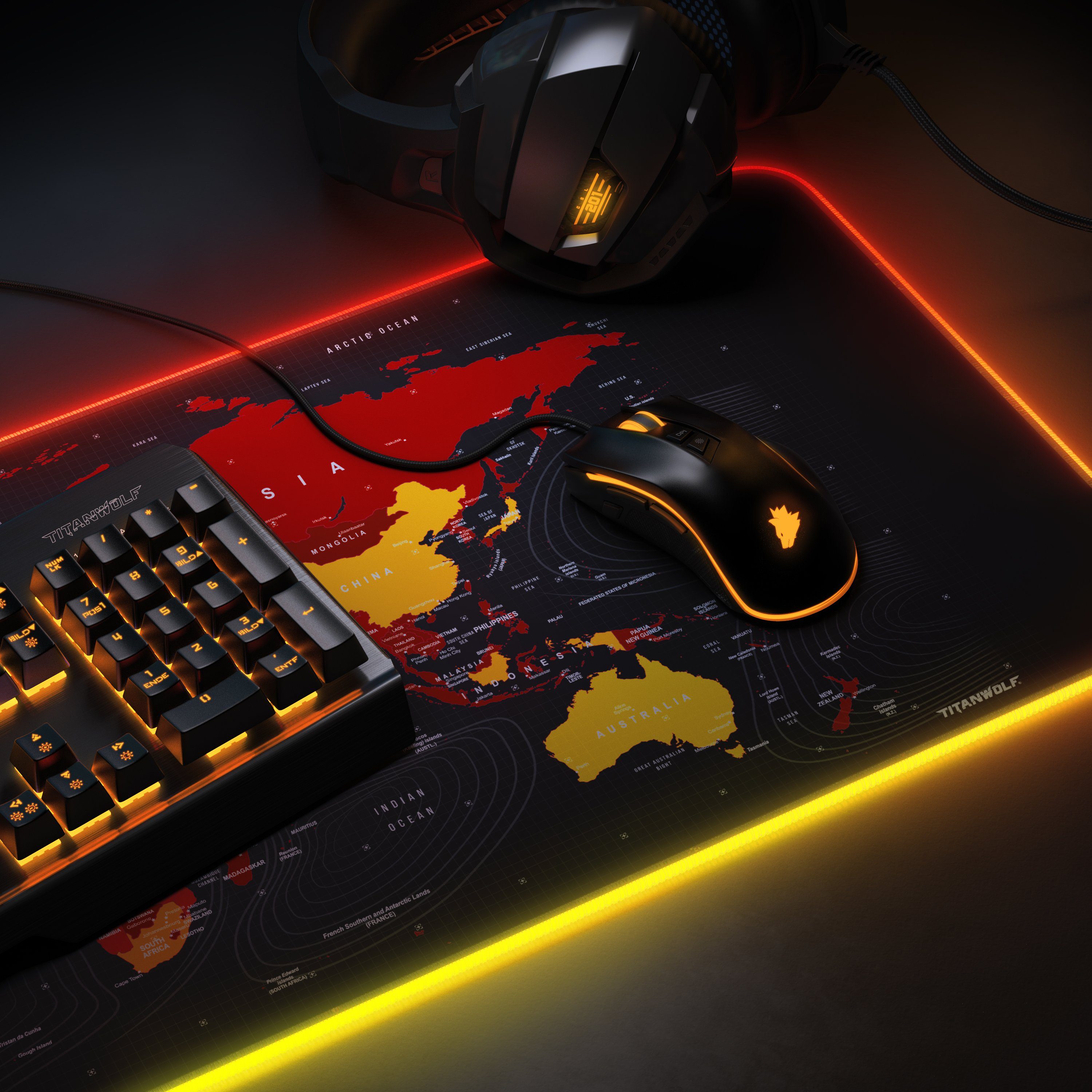 Titanwolf Gaming Mauspad RGB Mousepad 800 x 300 x 3 mm, LED Multi Color XL Tischunterlage, rutschfest, abwaschbar, Geschwindigkeit & Präzision, Weltkarte rot