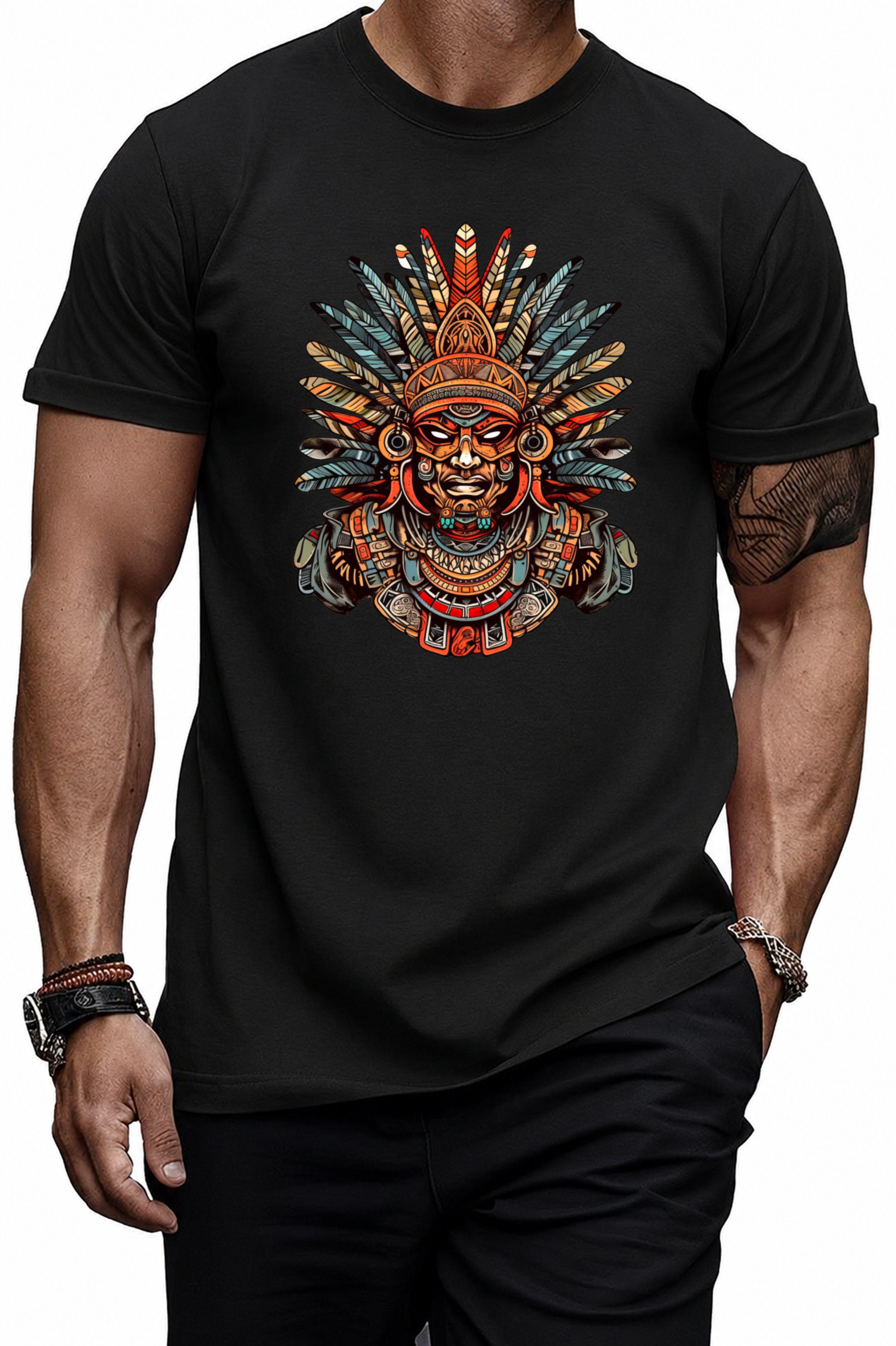 Banco Print-Shirt Herren Azteken Aztec Warrior Sommershirt Rundhals Streetwear 100% Baumwolle