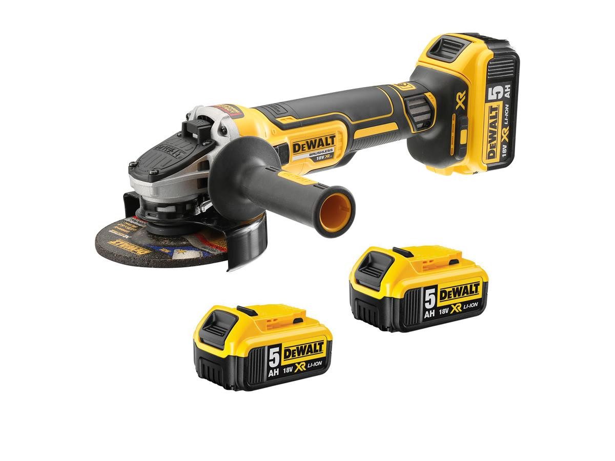 DeWalt Akku-Winkelschleifer 18 V / 5 Ah, max. 9000 U/min, mit 3x 18 Volt / 5,0 Ah XR Akkus und Schnellladegerät