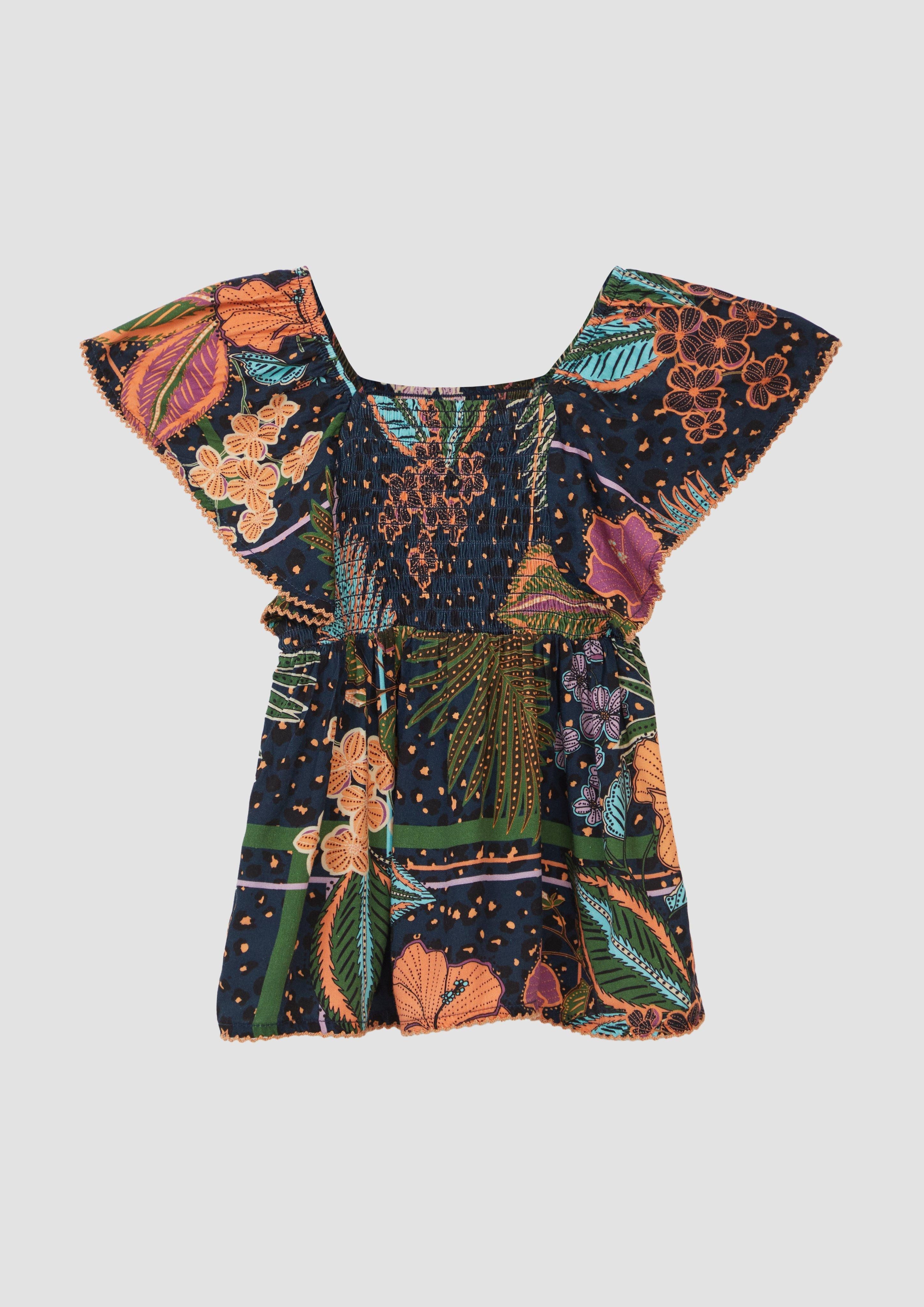Kurzarmbluse Gemusterte Bluse aus satinierter Viskose mit Smok-Detail