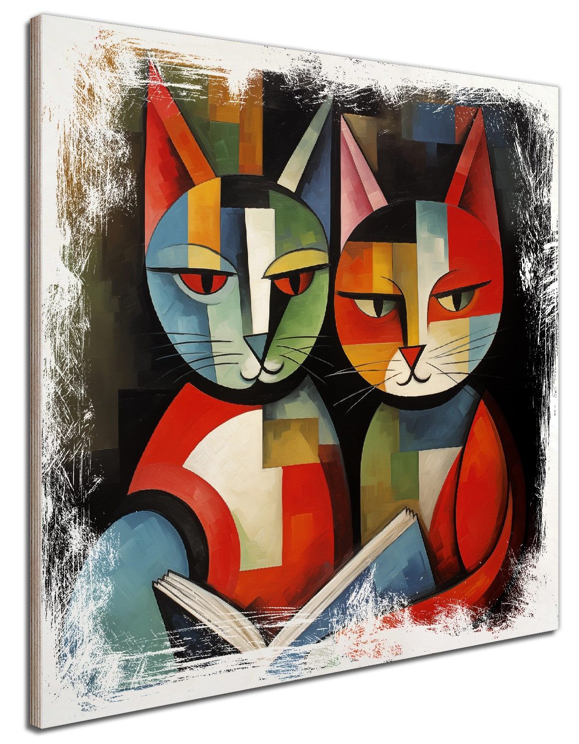 Wallario Holzbild, Lesende Katzen, in verschiedenen günstig online kaufen