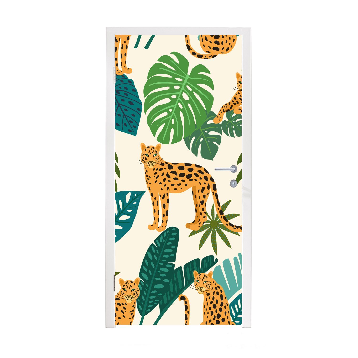 MuchoWow Türtapete Dschungel - Leopard - Pflanzen - Muster - Mädchen - Jungen, Matt, bedruckt, (1 St), Fototapete für Tür, Türaufkleber, 75x205 cm