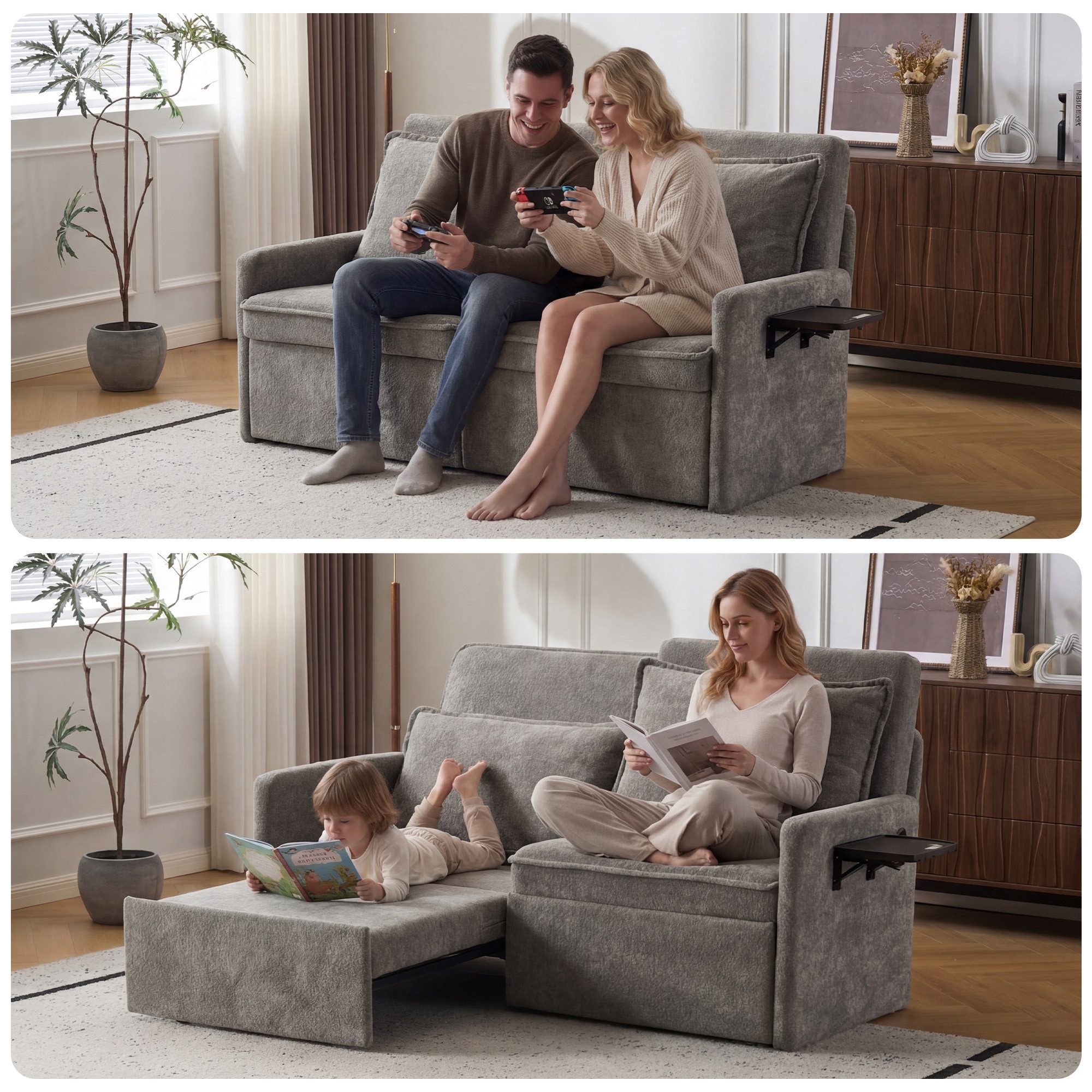 CANMOV Schlafsofa 2-Sitzer Schlafsofa, mit klappbarem Seitentisch und Bettfunktion, mit Kissen, 3-in-1 Verwandlungsfunktion