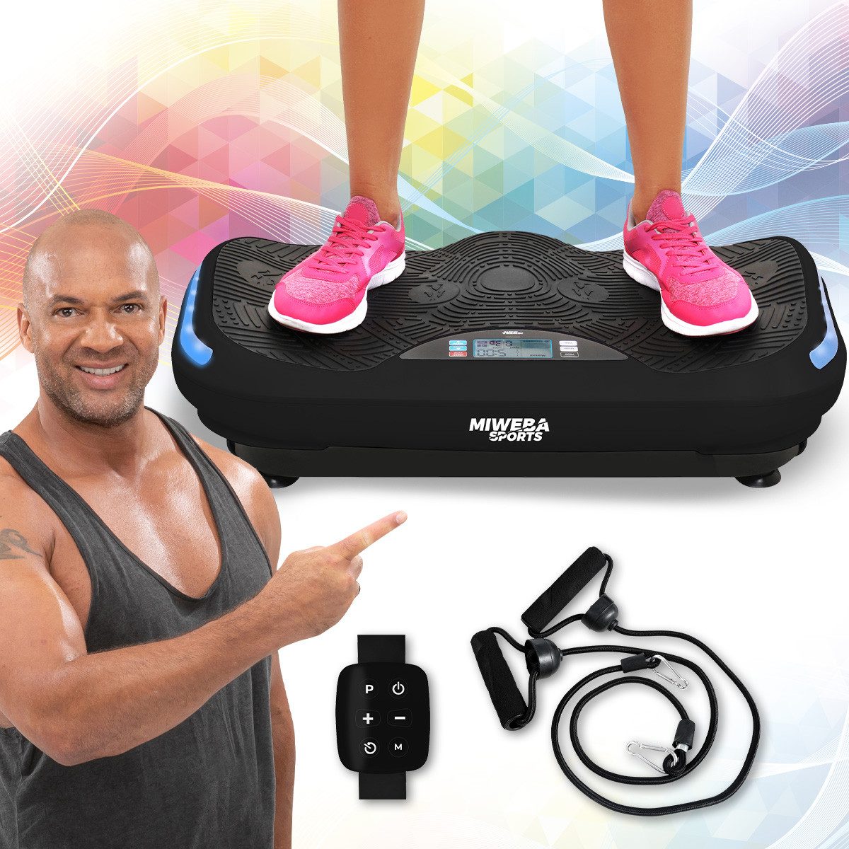 Miweba Sports Vibrationsplatte Profi Vibrationsboard MV300 inkl. Armband Fernbedienung - 4D-Vibration, 800 W, 16 Intensitätsstufen, (LED-Display, 120 kg max. Benutzergewicht, 4D-Wave-Vibration, 3 vordefinierte Trainingsprogramme, drei Vibrationszonen, Bluetooth, 2 Motoren, Power Ropes, extra große Trittfläche, Transportrollen, Transportgriff, LED Beleuchtung, 50 Hz, Ganzkörpertraining, Fettverbrennung, Trainingsgerät, Sportgeräte Fitnessgeräte für Zuhause, 3 tlg), 3 J. Garantie - Fitnessgerät Vibrationstrainer Sportgerät