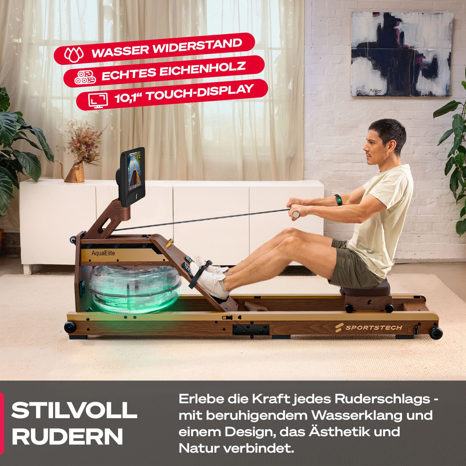 Sportstech Rudergerät AquaElite Wasserrudergerät, LED, App-Konnektivität, klappbar, 10,1" HD-Display