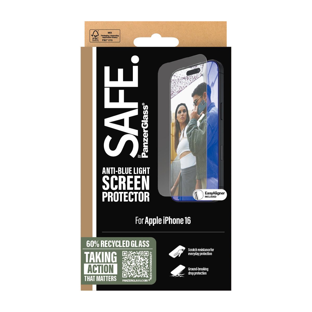 SAFE by PanzerGlass Displayschutzglas Anti-Blue Light Screen Protection für Apple iPhone 15, Apple iPhone 16, 1 Stück, Displayschutzfolie, Schutzfolie, Bildschirmschutz, kratz- & stoßfest