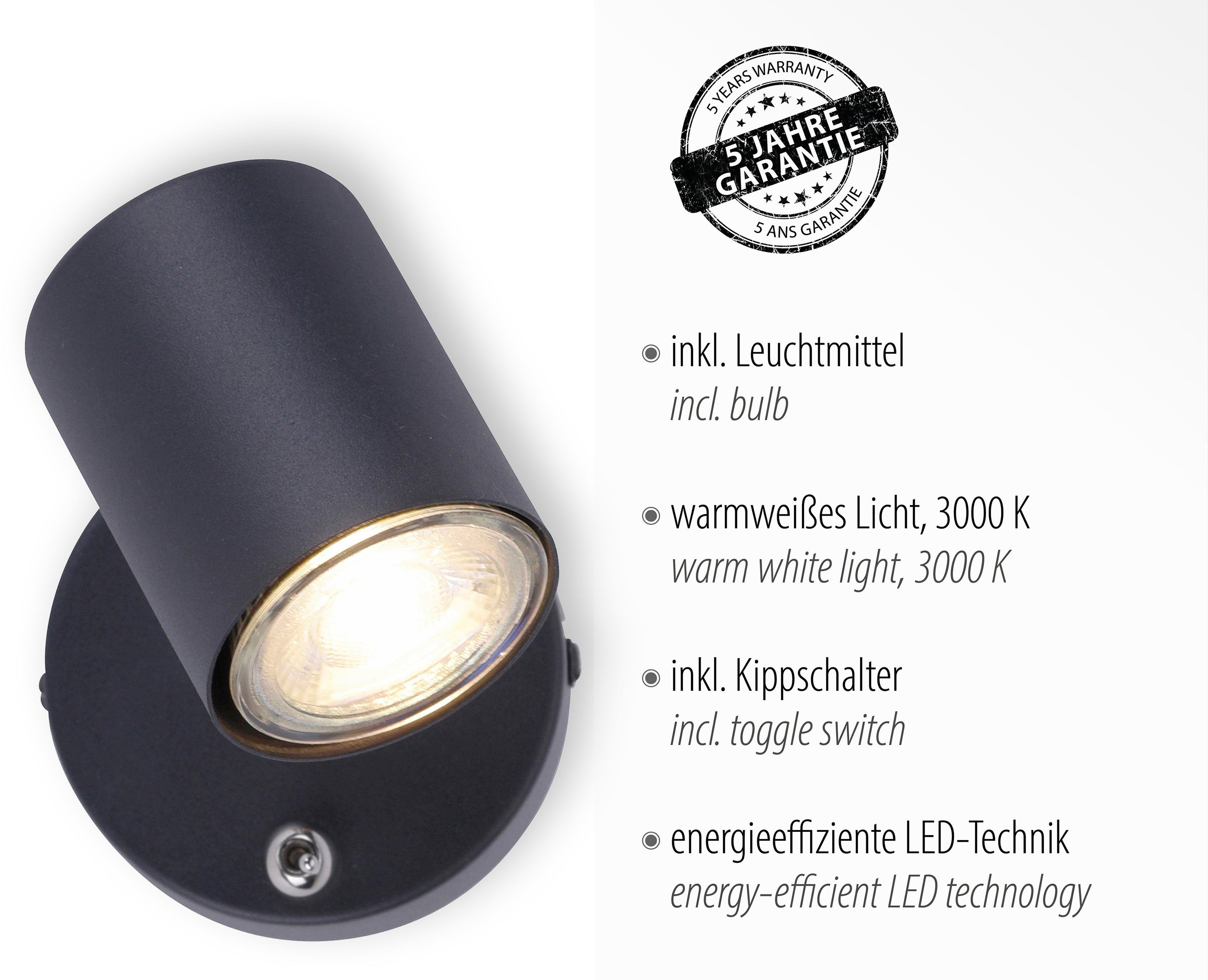 Wandstrahler Wandleuchte LED Maci, LED Spot, home und wechselbar, Warmweiß, dreh- Wandspot schwenkbarer Wandlampe, anthrazit Leuchtmittel my