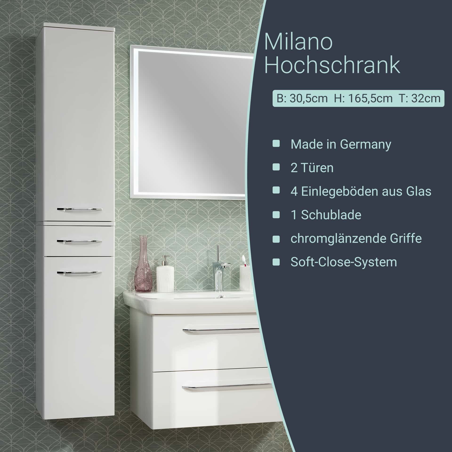 FACKELMANN Hochschrank Milano Badmöbel Türanschlag frei wählbar, Maße (B x  H x T): ca. 30,5 x 165,5 x 32 cm