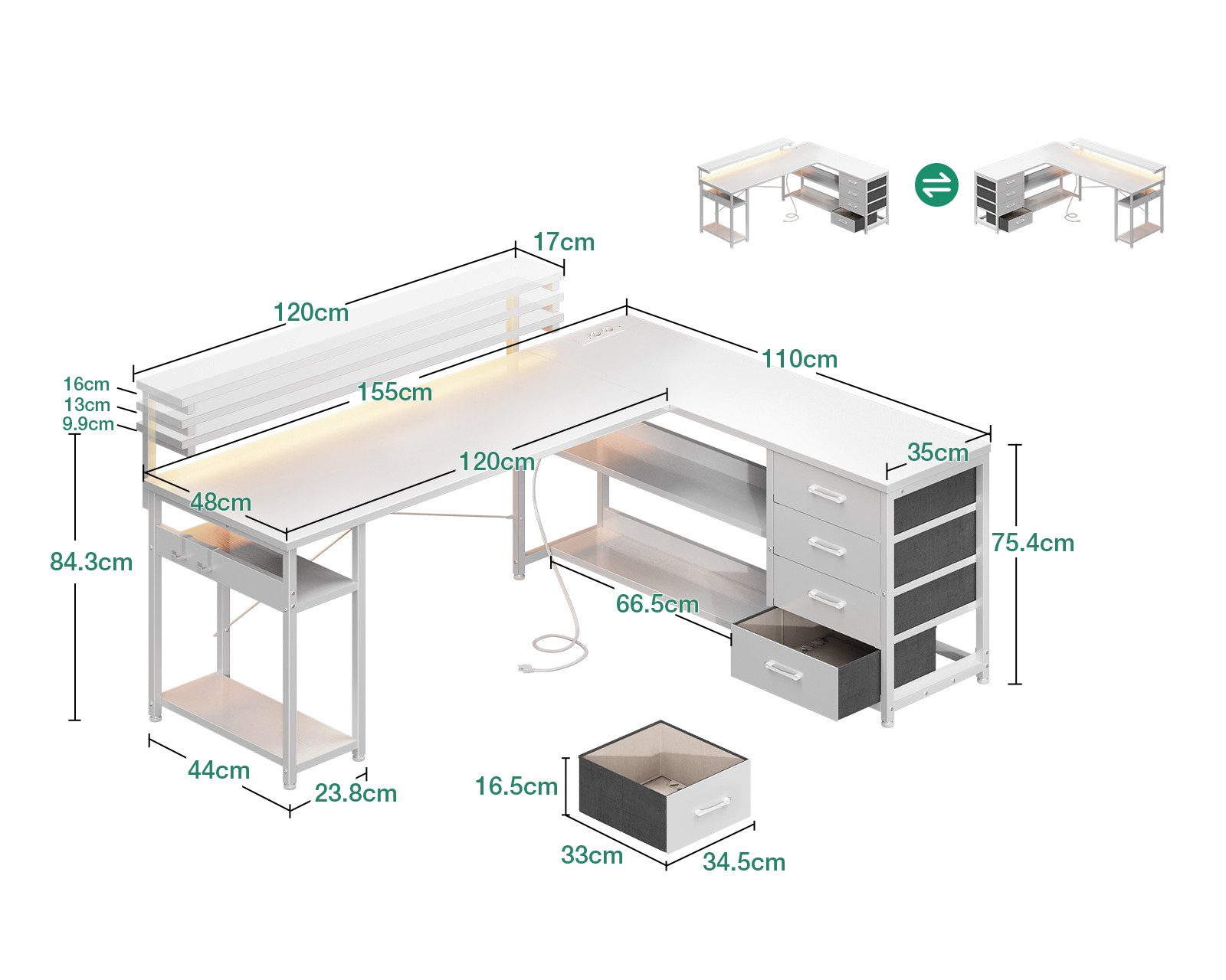 ODK Eckschreibtisch mit Schubladen und Steckdosen, 155×110cm, Alles Weiß günstig online kaufen