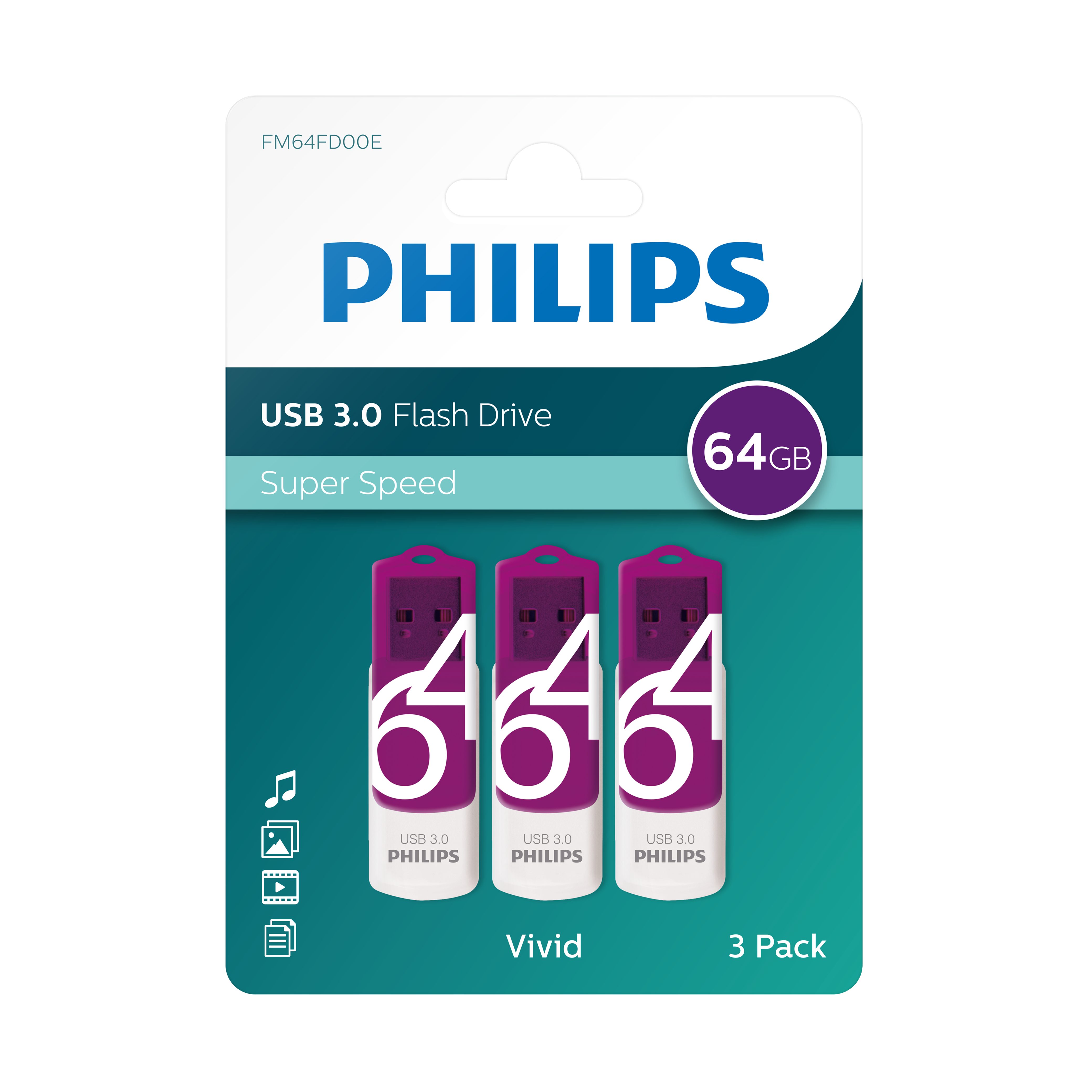 Philips FM64FD00E/00 USB-Stick (USB 3.0, Lesegeschwindigkeit 100,00 MB/s, Vivid Edition, 64 GB, USB 3.0, LED, Schutzkappe, 3er Pack)