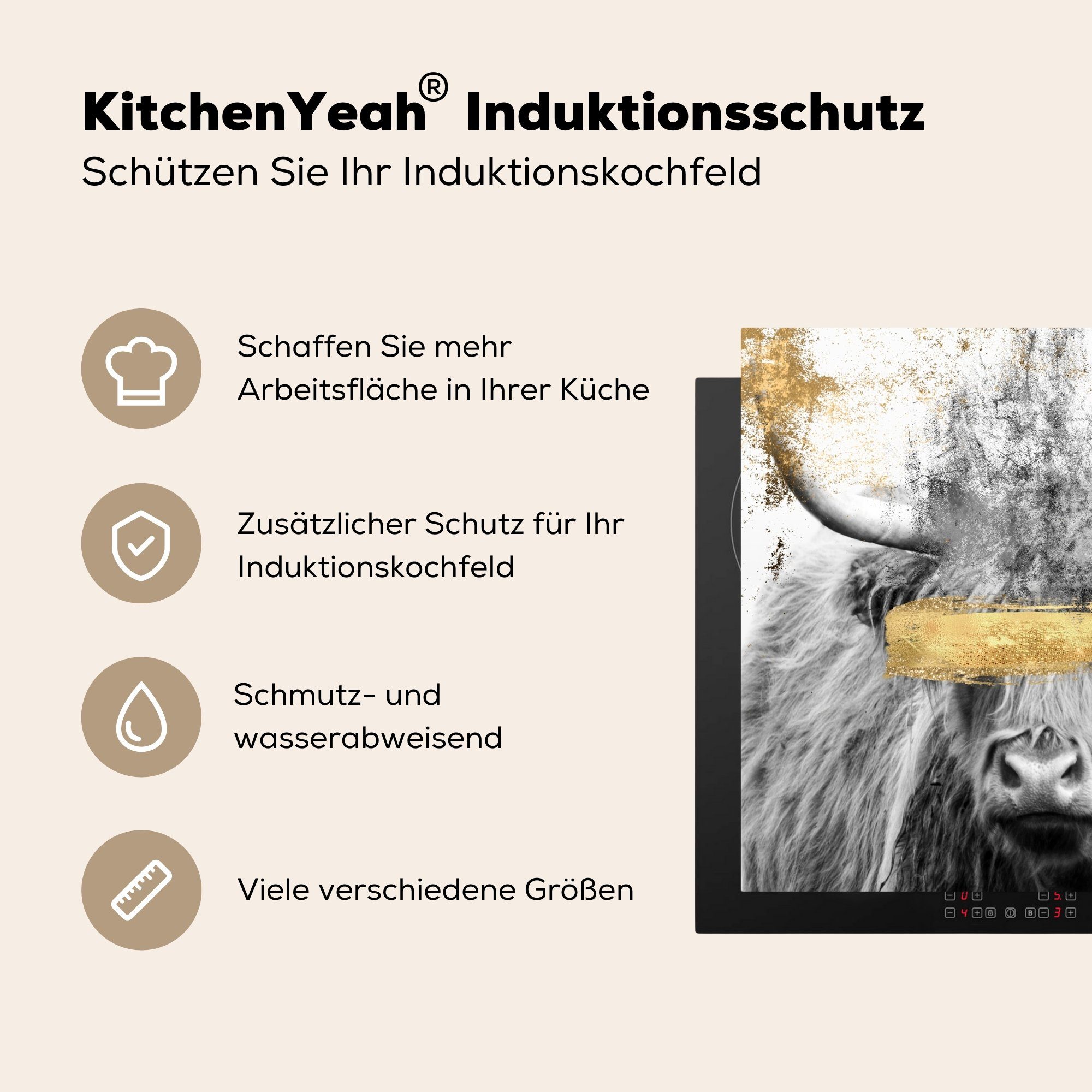 MuchoWow Herdblende-/Abdeckplatte Schottischer die tlg), cm, 59x52 Vinyl, für (1 Gold - Hochländer küche, Ceranfeldabdeckung Induktionsmatte Farbe, 