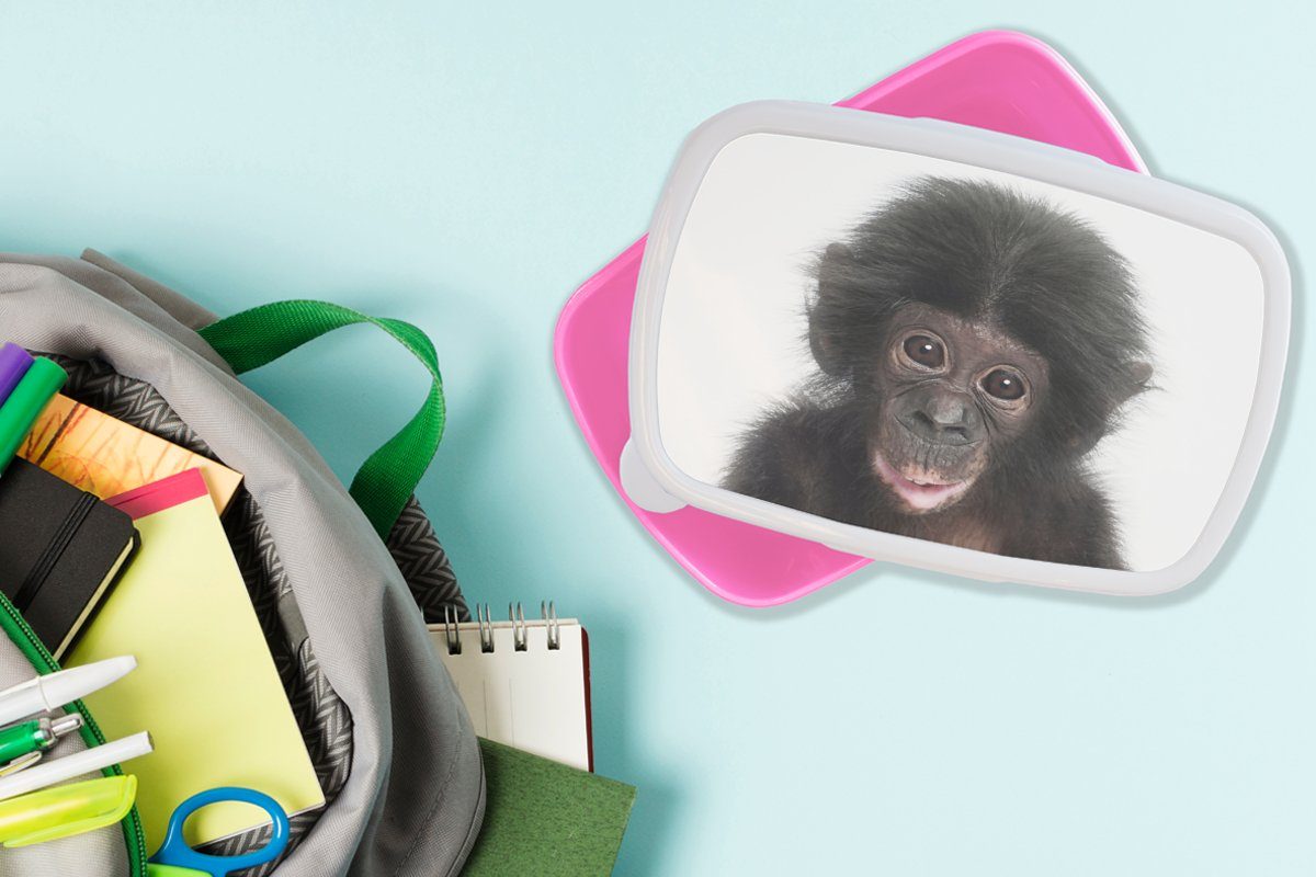 Schimpanse, Kunststoff, Kunststoff Erwachsene, Tiere rosa Kinder, Lunchbox Affe MuchoWow - Mädchen, Natur (2-tlg), Brotdose für Brotbox - - Snackbox,