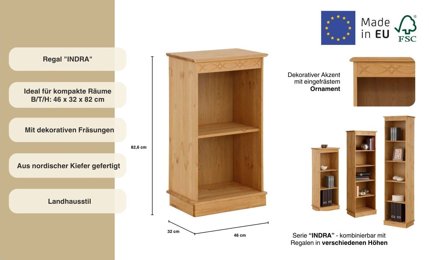 Home affaire Bücherregal Indra, aus massiver Kiefer, in verscheidenen Höhen, mit FSC®®