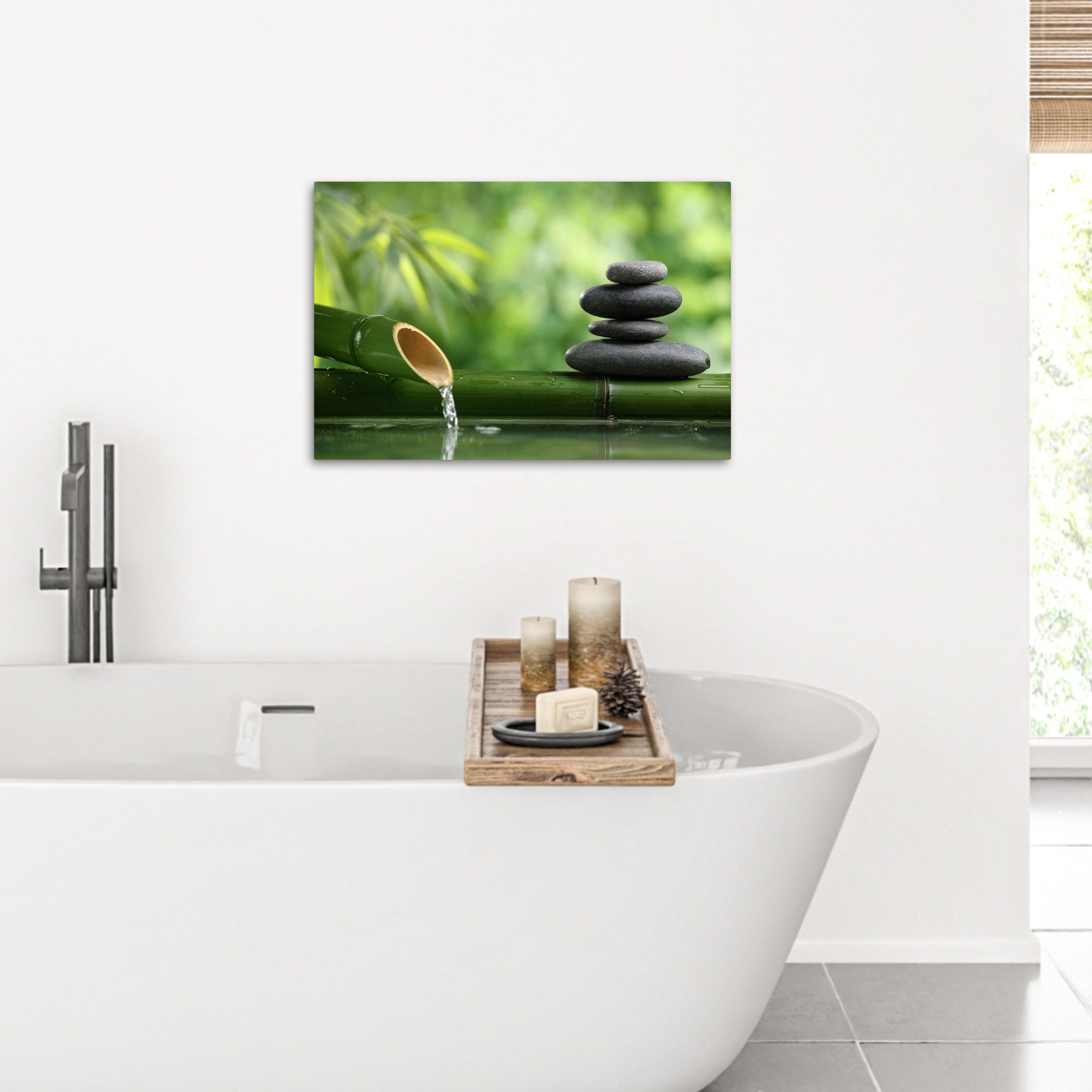 OneMillionCanvasses® Leinwandbild Zen - Stein - Grün - Natur - Bambus, Fotodruck (1 St), Badezimmer Deko, Bilder WC, Badezimmerbilder 60x40 cm