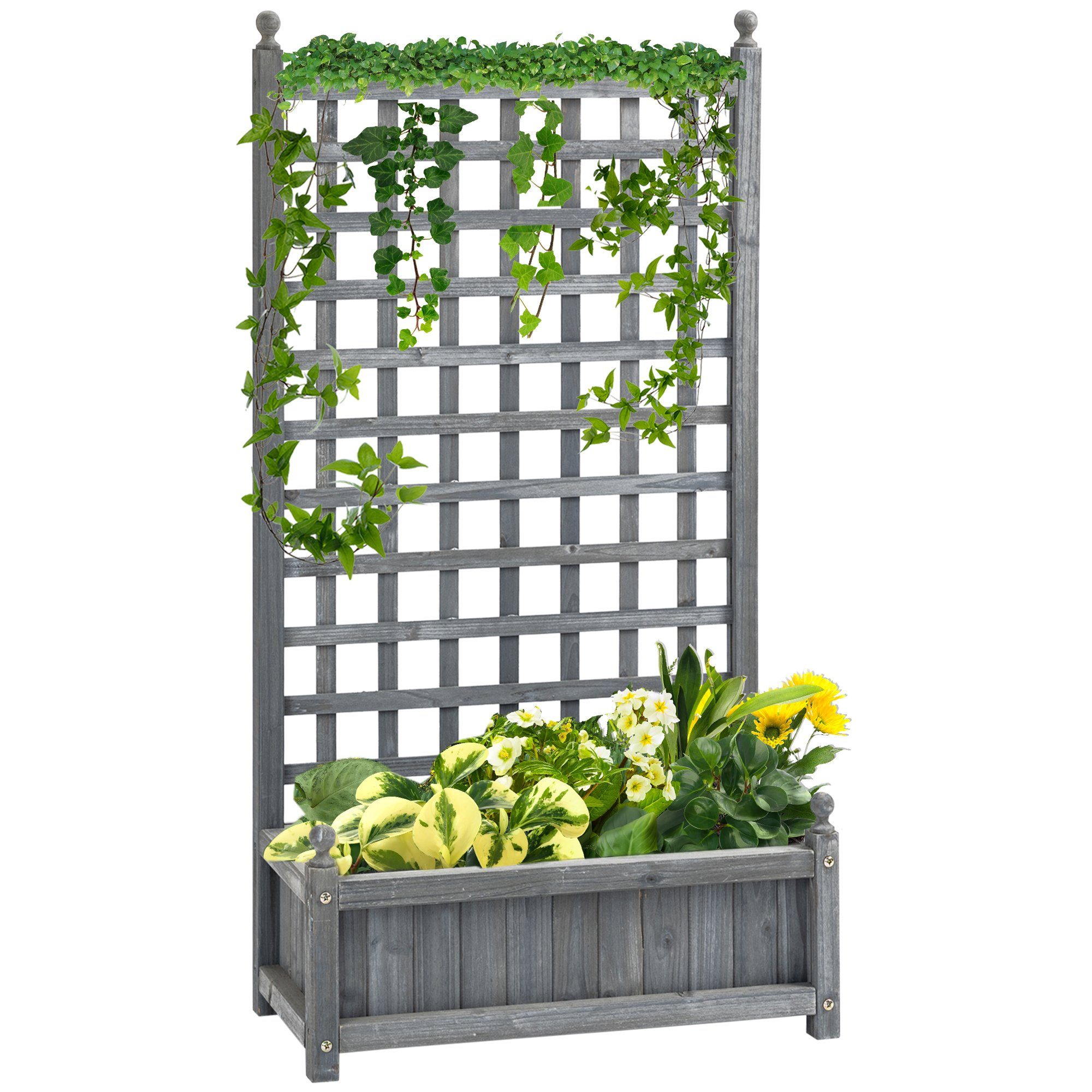 Outsunny Hochbeet Pflanzkasten mit Rankgitter Blumenkasten Rankkasten Garten Holz Grau (Set, 1 St., Rosenbogen mit Rankhilfe für Kletterpflanze), 64L x 28B x 120H cm