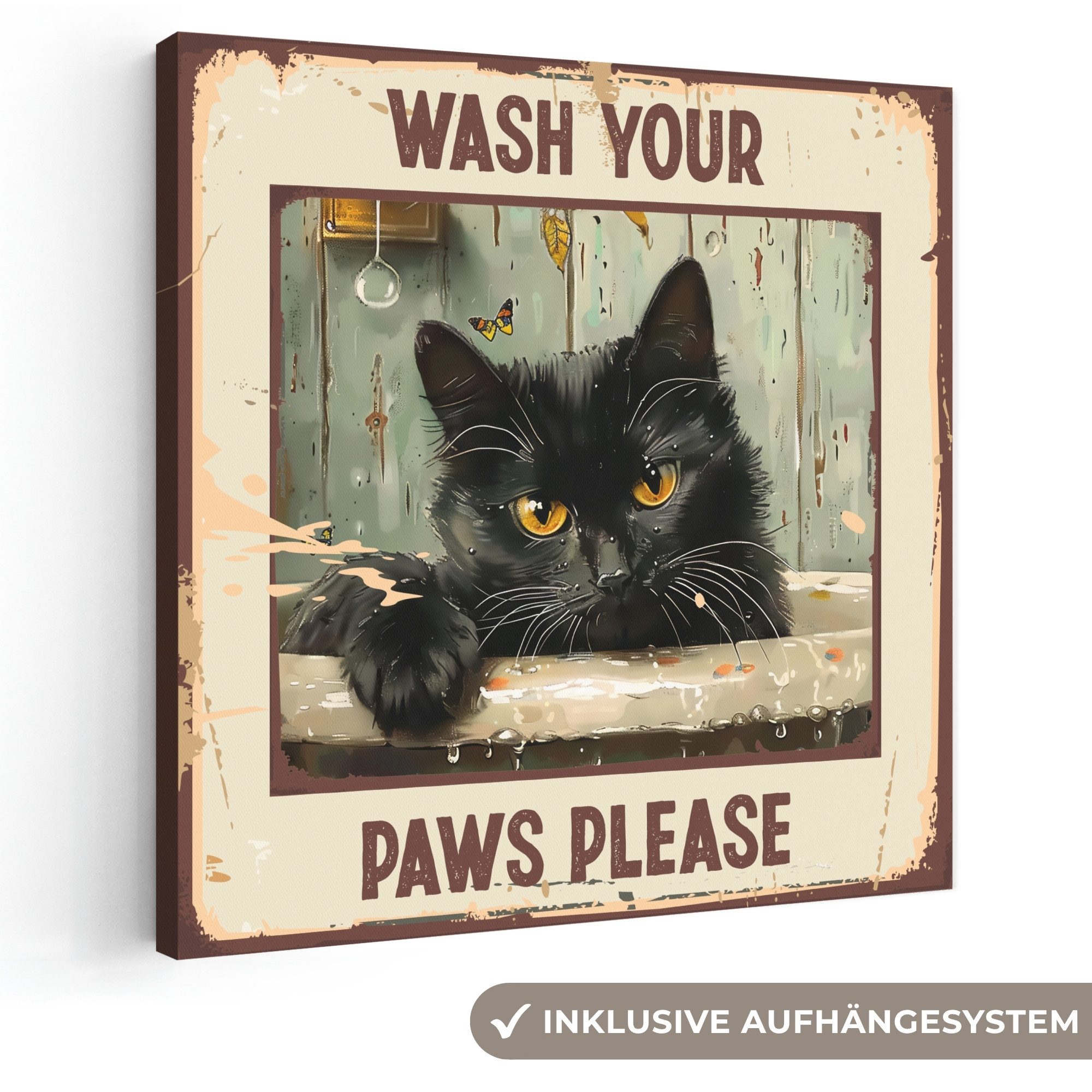 OneMillionCanvasses® Leinwandbild Vintage - Katze - Zitat - Wash your paws please - Sprüche, Fotodruck (1 St), Wandbild, Deko Schlafzimmer Wohnzimmer Flur 20x20 cm